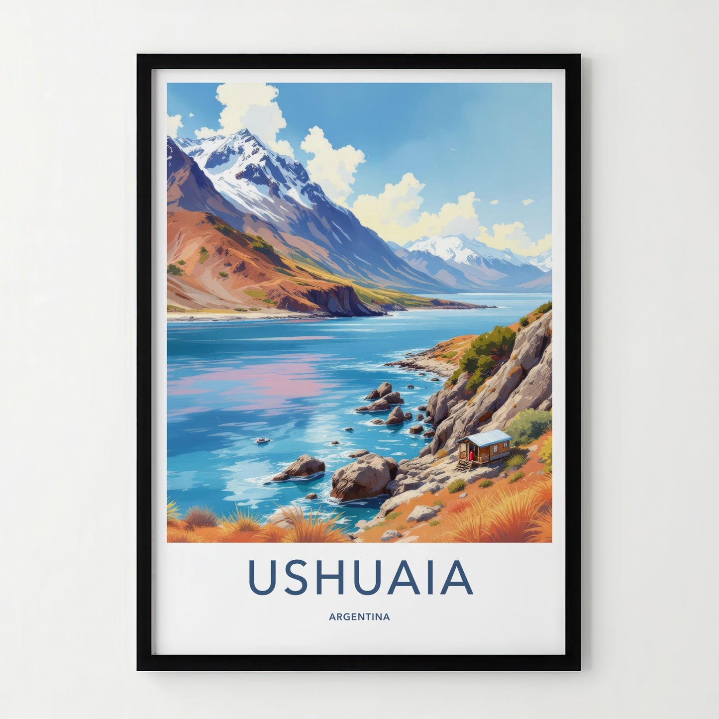 Ushuaia Poster - Argentina Wall Art - Mountain Lakeside Cabin Home Decor