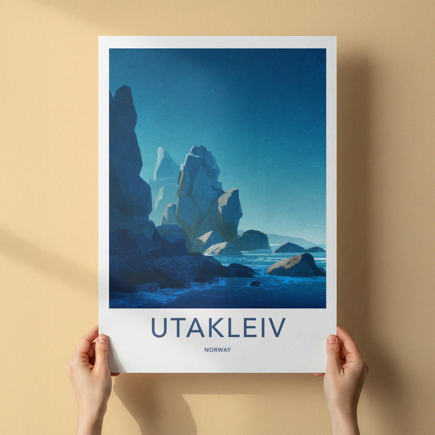 Utakleiv Poster - Norway Travel Art - Dark Blue Seascape Wall Decor