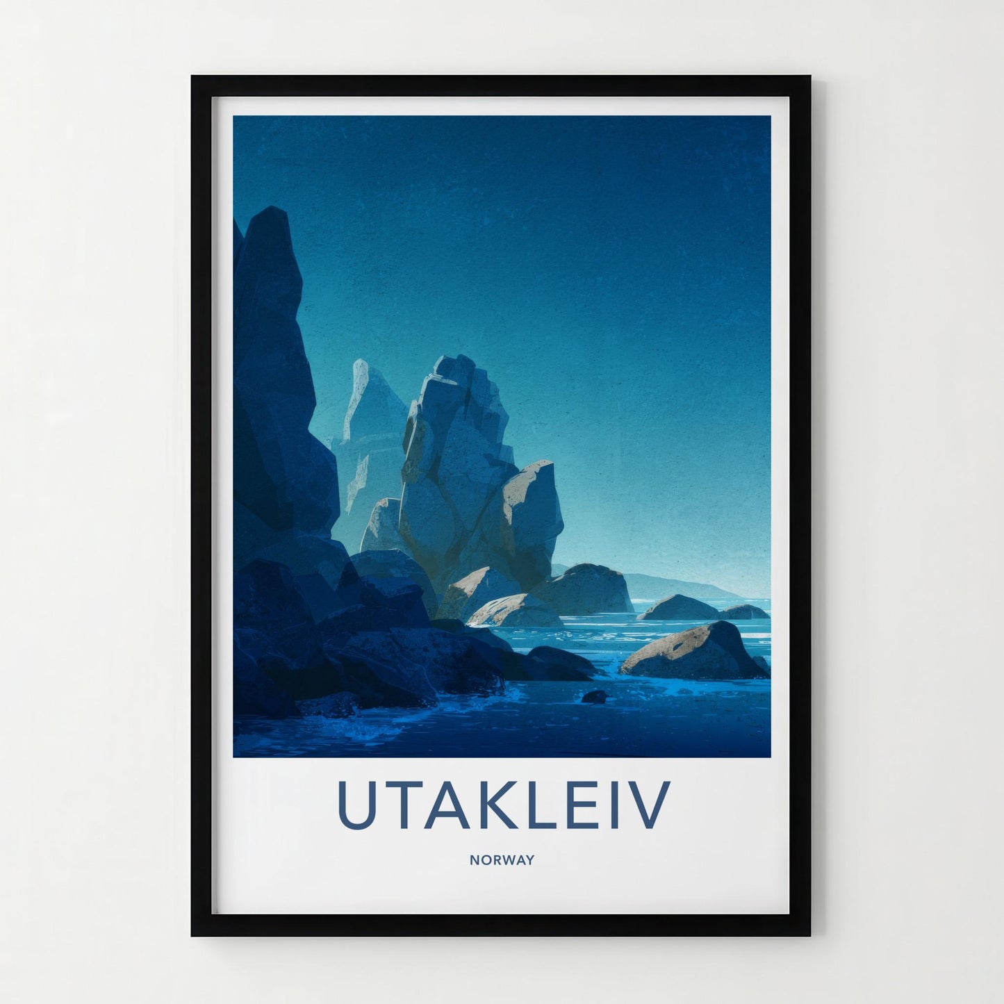 Utakleiv Poster - Norway Travel Art - Dark Blue Seascape Wall Decor
