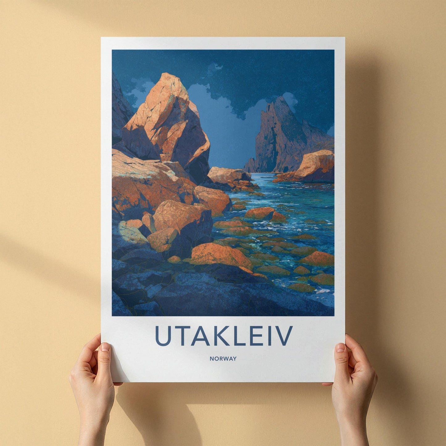 Utakleiv Poster - Norway Travel Art - Vibrant Coastal Rocks Home Decor