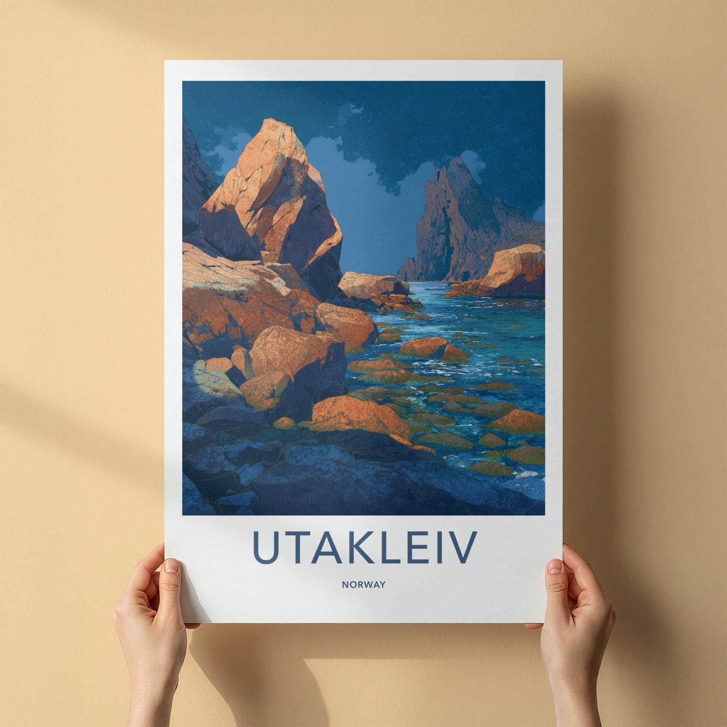 Utakleiv Poster - Norway Travel Art - Vibrant Coastal Rocks Home Decor