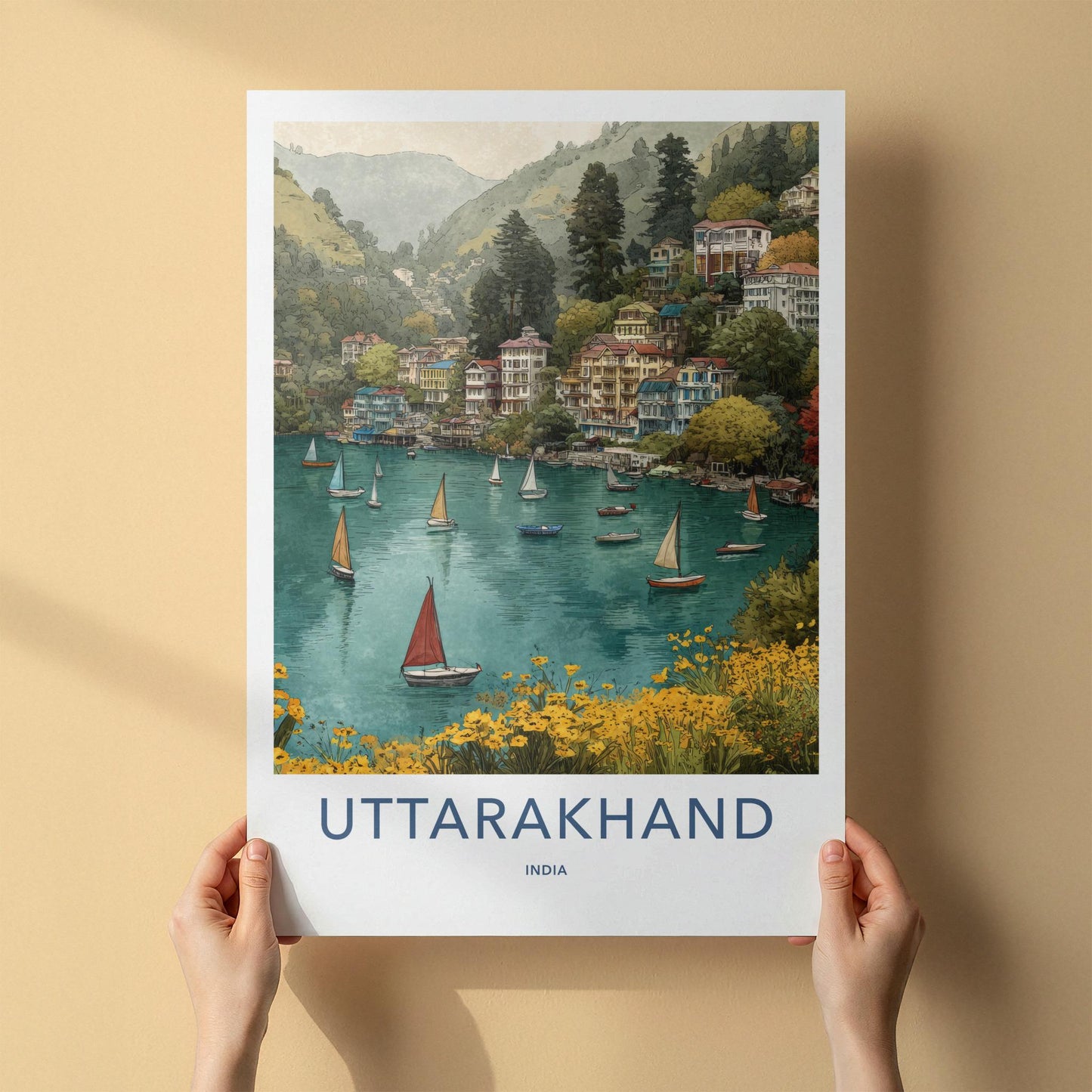 Uttarakhand Poster - India Travel Art - Uttarakhand Hillside Lake Scene Home Decor