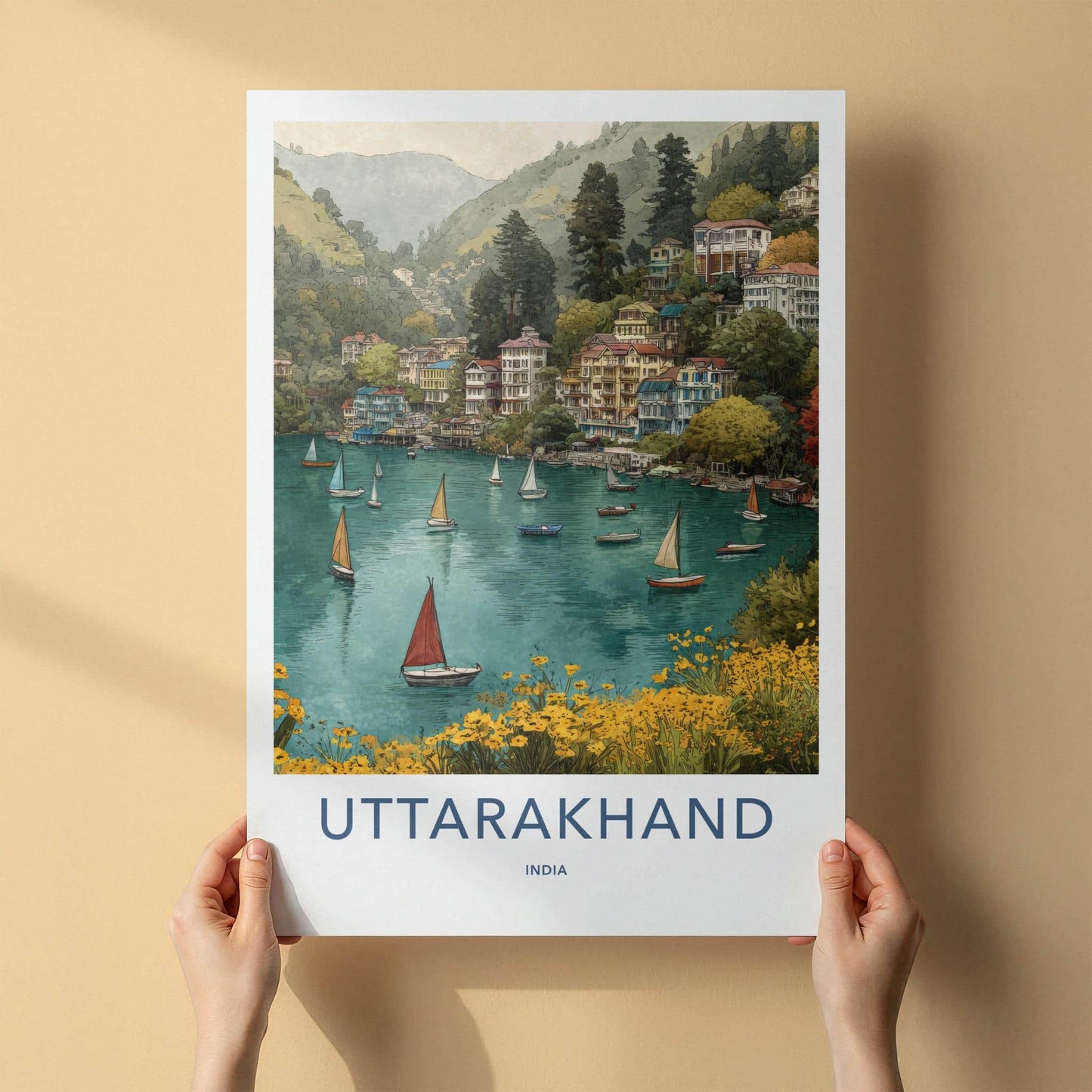 Uttarakhand Poster - India Travel Art - Uttarakhand Hillside Lake Scene Home Decor