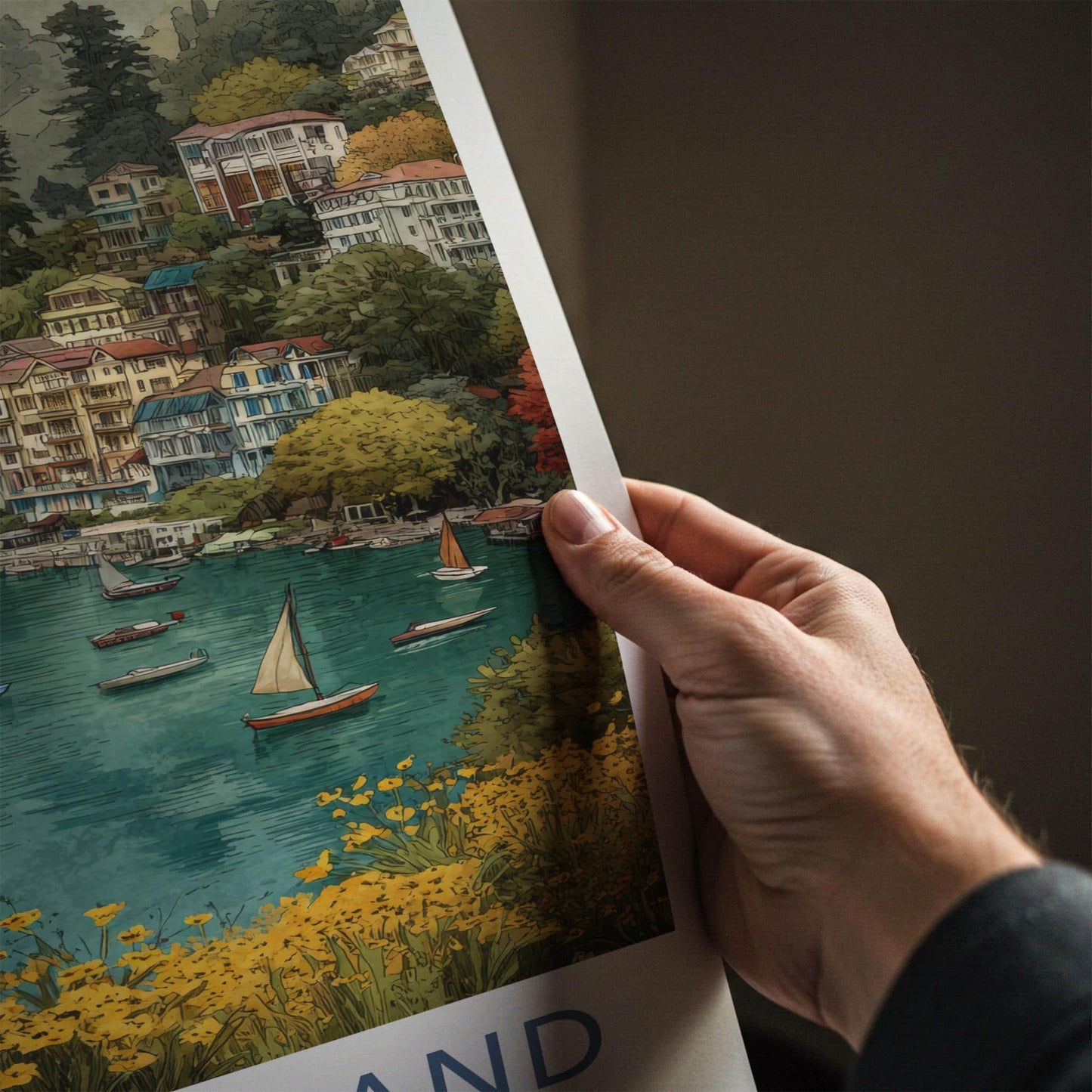 Uttarakhand Poster - India Travel Art - Uttarakhand Hillside Lake Scene Home Decor