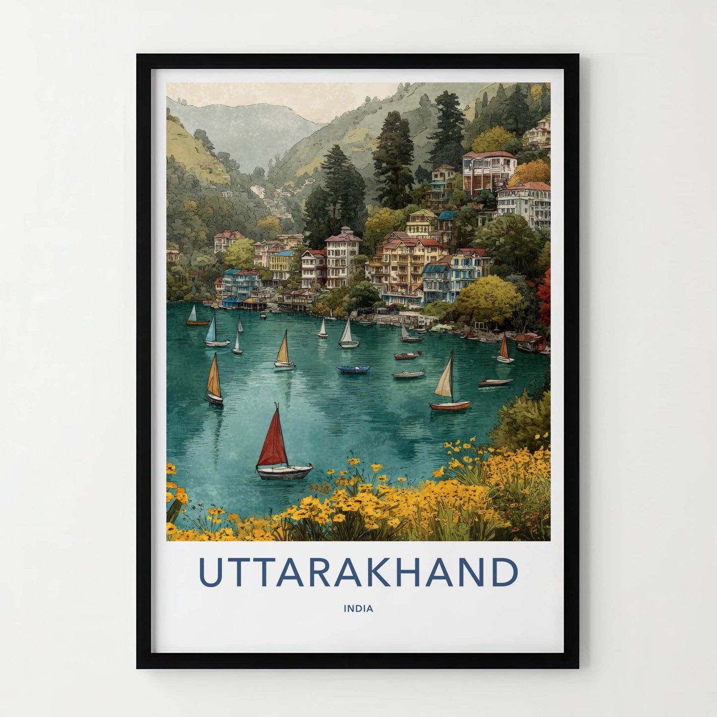 Uttarakhand Poster - India Travel Art - Uttarakhand Hillside Lake Scene Home Decor