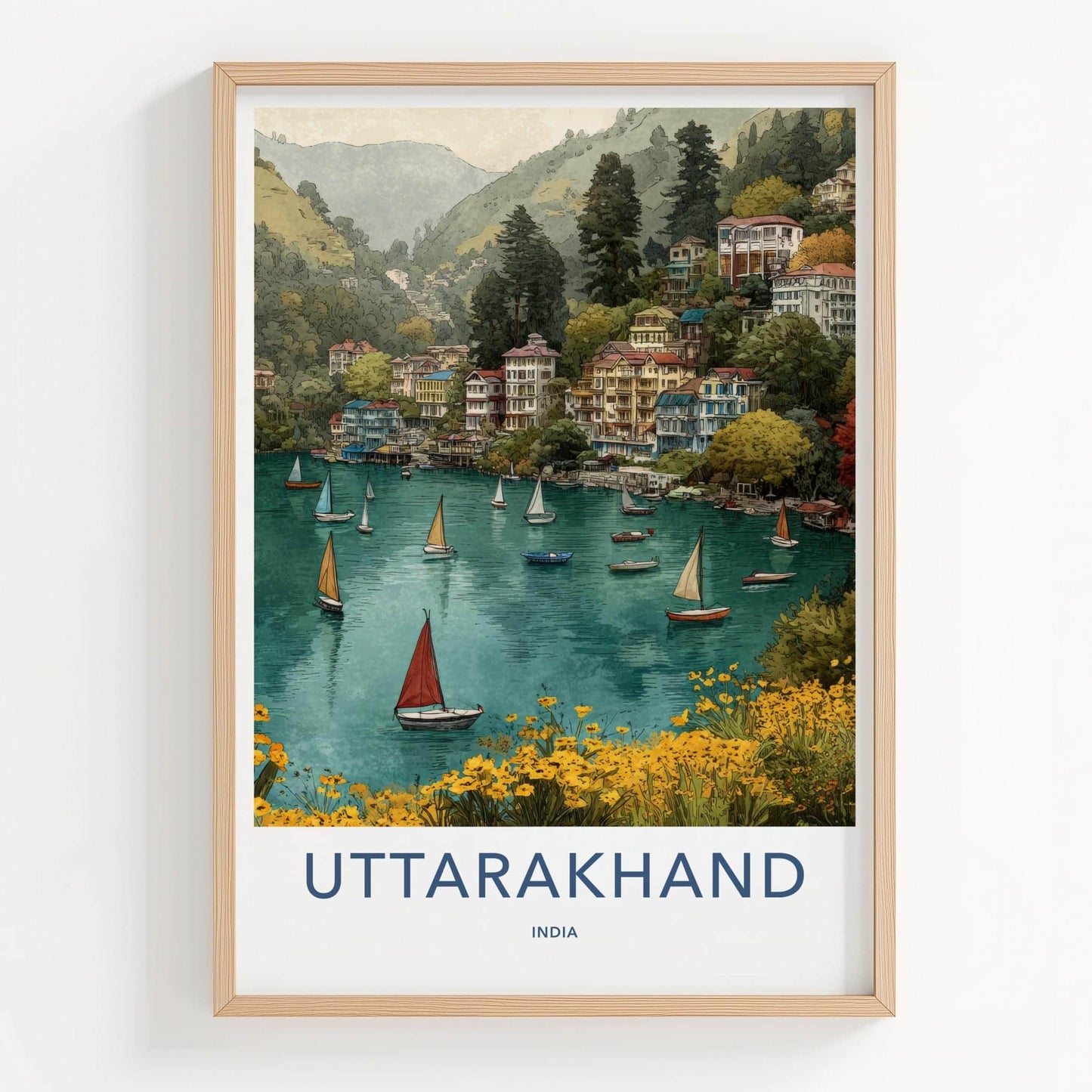 Uttarakhand Poster - India Travel Art - Uttarakhand Hillside Lake Scene Home Decor