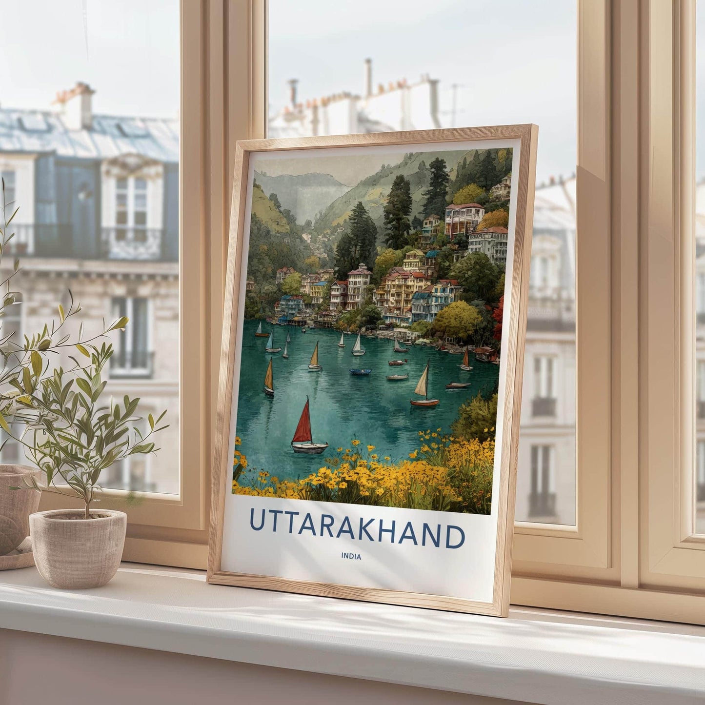 Uttarakhand Poster - India Travel Art - Uttarakhand Hillside Lake Scene Home Decor