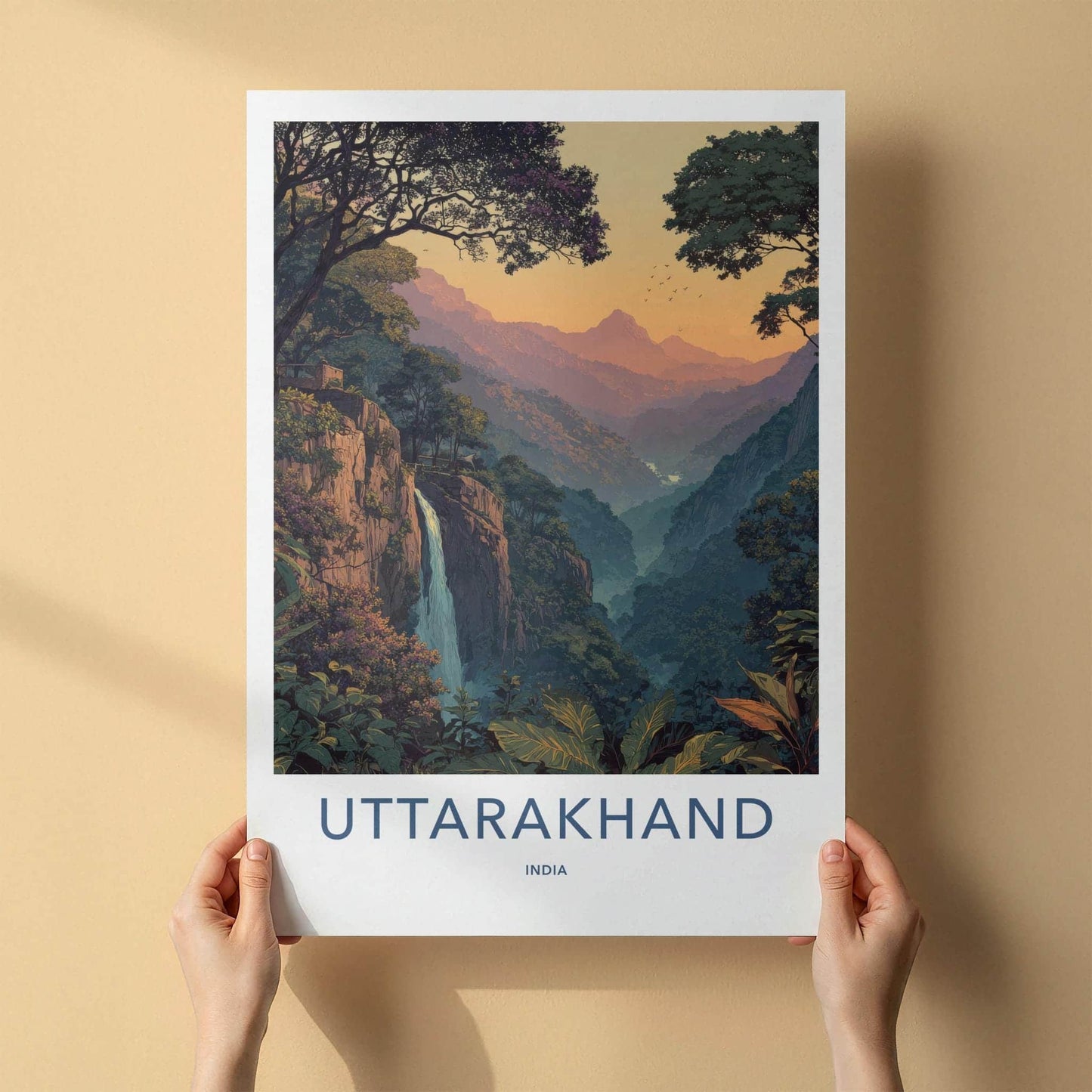 Uttarakhand Poster - India Wall Art - Uttarakhand Mountain Valley Waterfall Gift