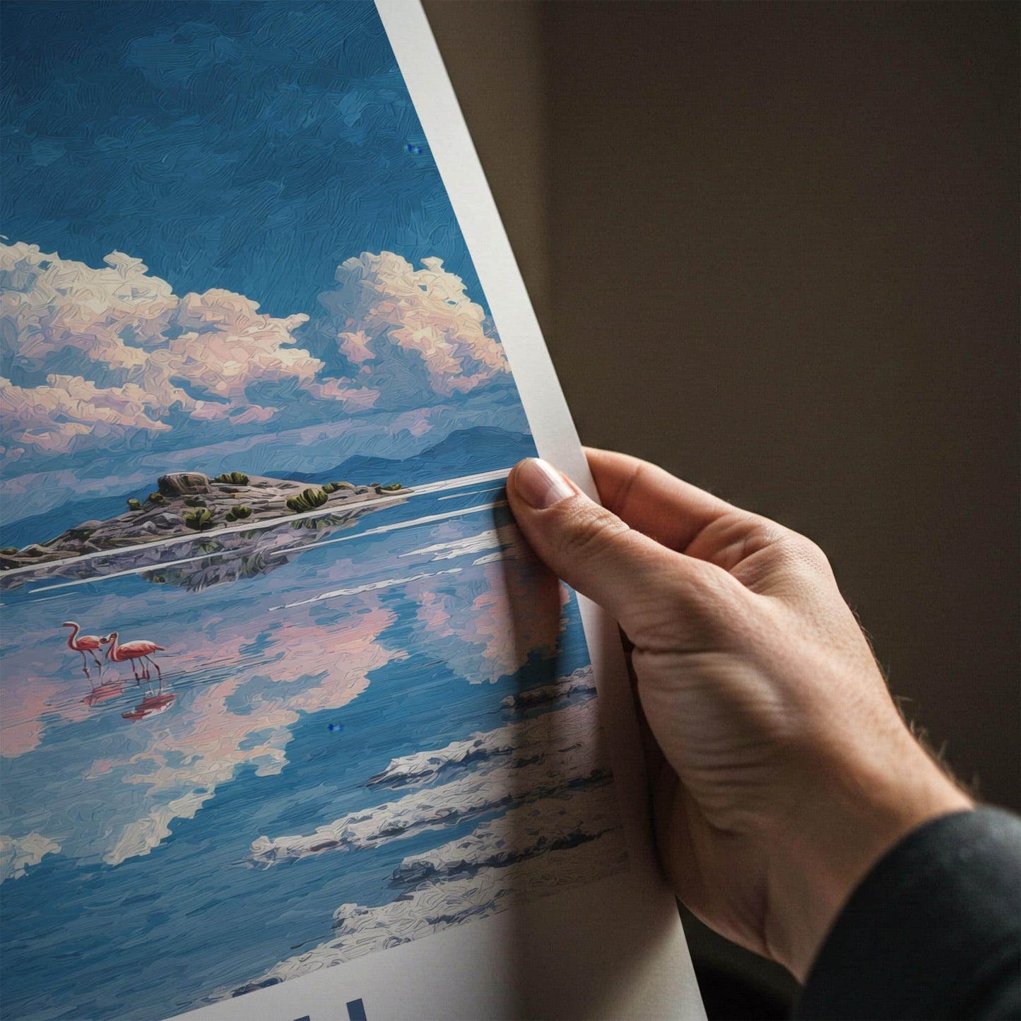 Uyuni Poster - Bolivia Travel Art - Flamingos Reflective Lake Home Decor