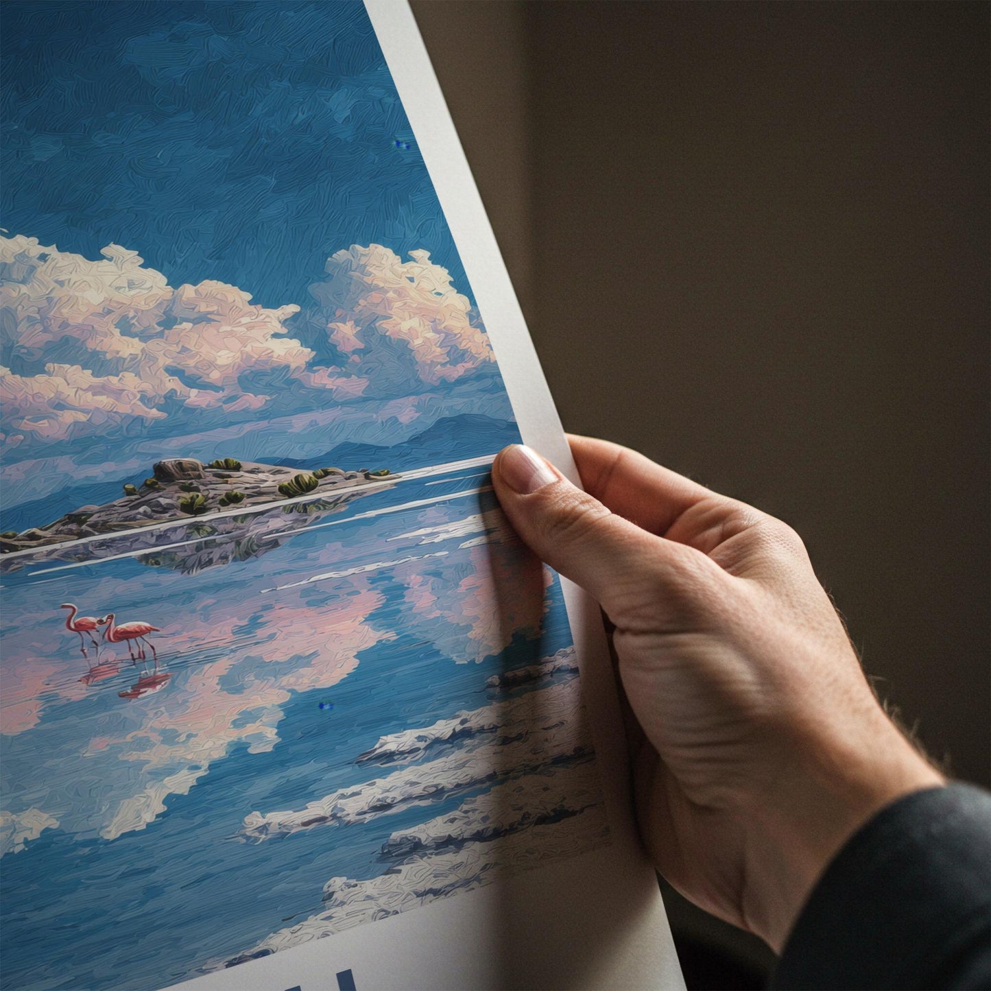 Uyuni Poster - Bolivia Travel Art - Flamingos Reflective Lake Home Decor