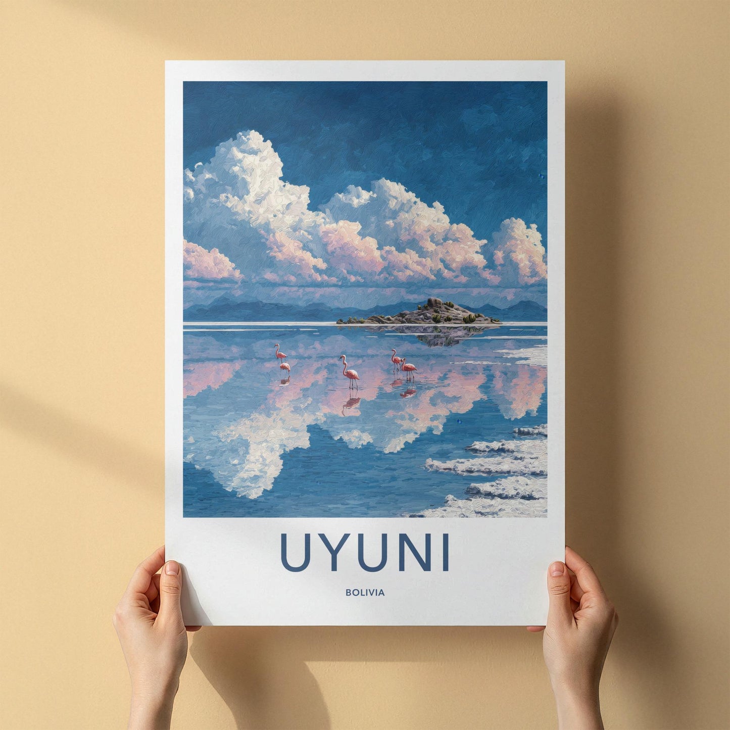 Uyuni Poster - Bolivia Travel Art - Flamingos Reflective Lake Home Decor