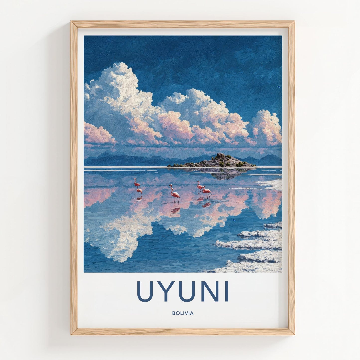 Uyuni Poster - Bolivia Travel Art - Flamingos Reflective Lake Home Decor