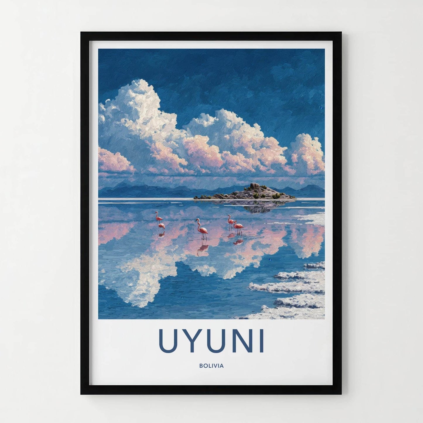 Uyuni Poster - Bolivia Travel Art - Flamingos Reflective Lake Home Decor