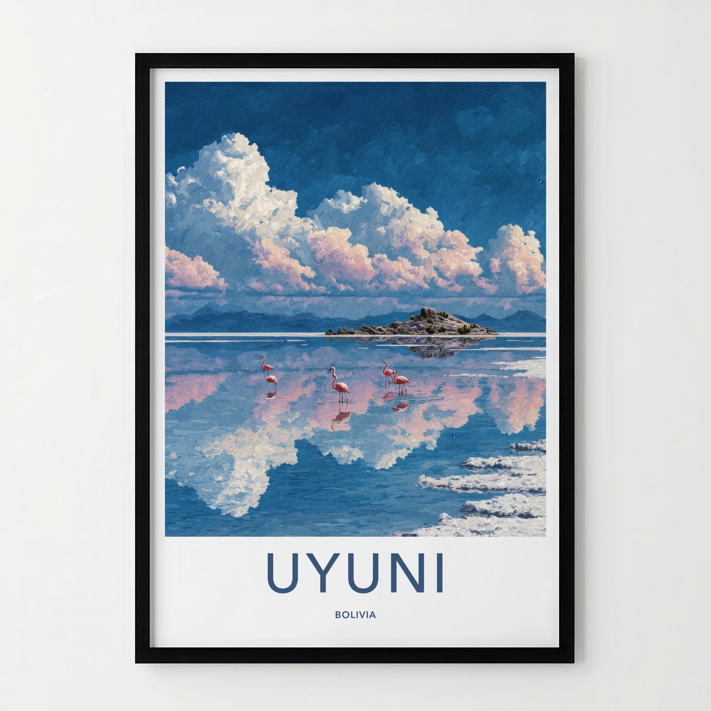 Uyuni Poster - Bolivia Travel Art - Flamingos Reflective Lake Home Decor