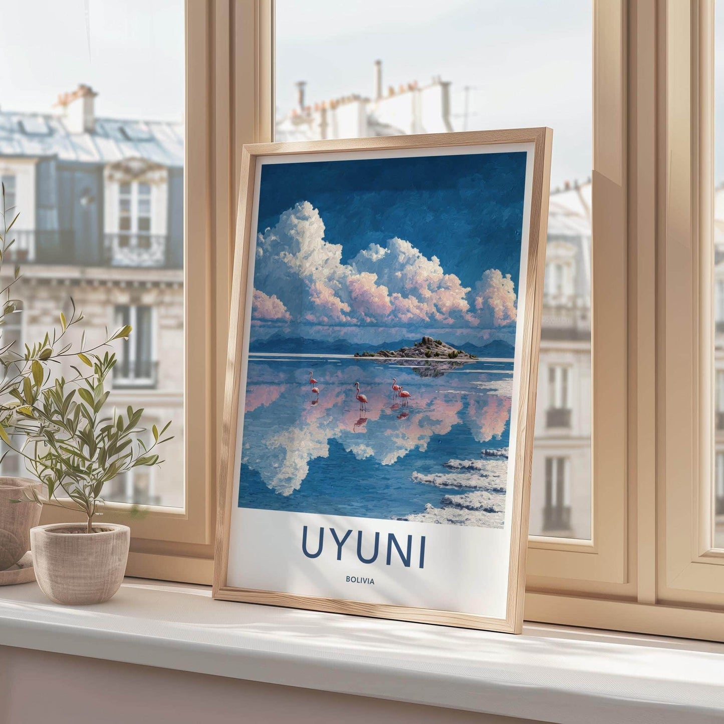 Uyuni Poster - Bolivia Travel Art - Flamingos Reflective Lake Home Decor