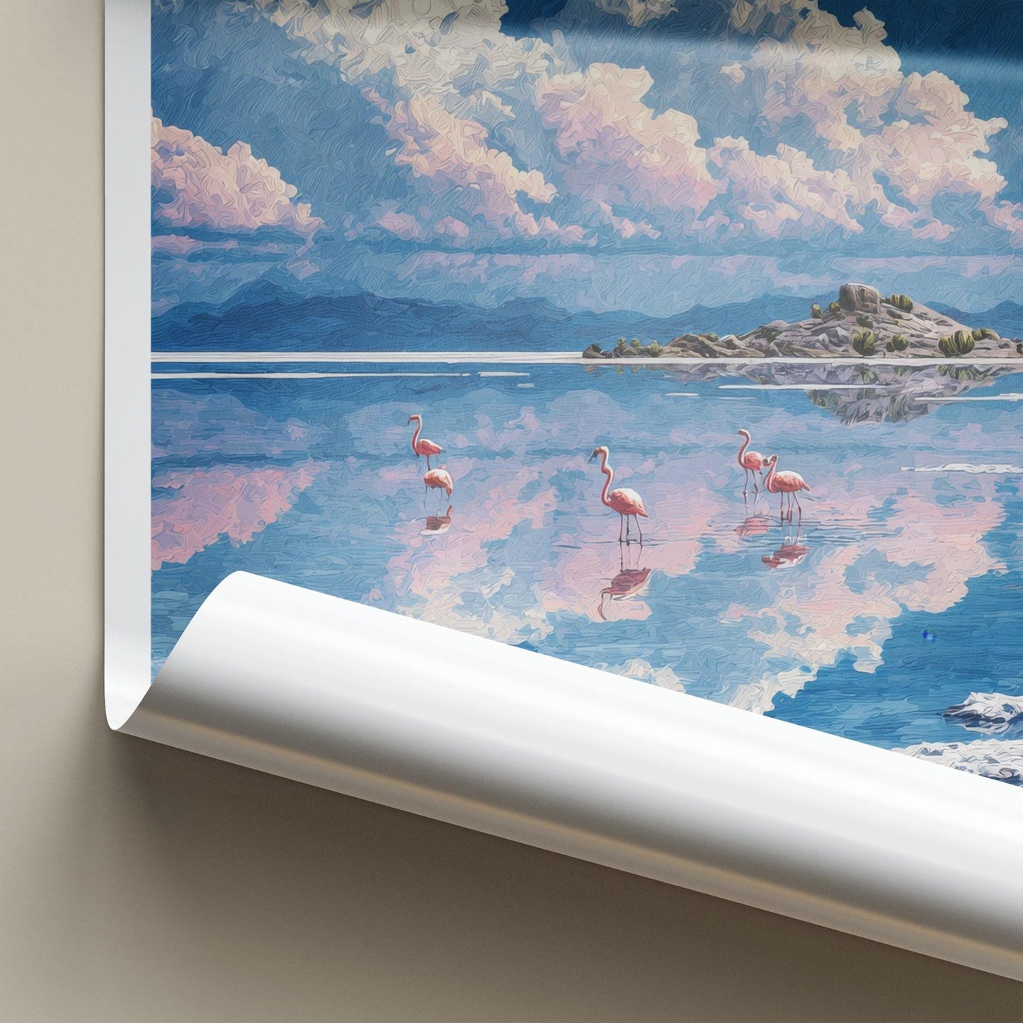 Uyuni Poster - Bolivia Travel Art - Flamingos Reflective Lake Home Decor