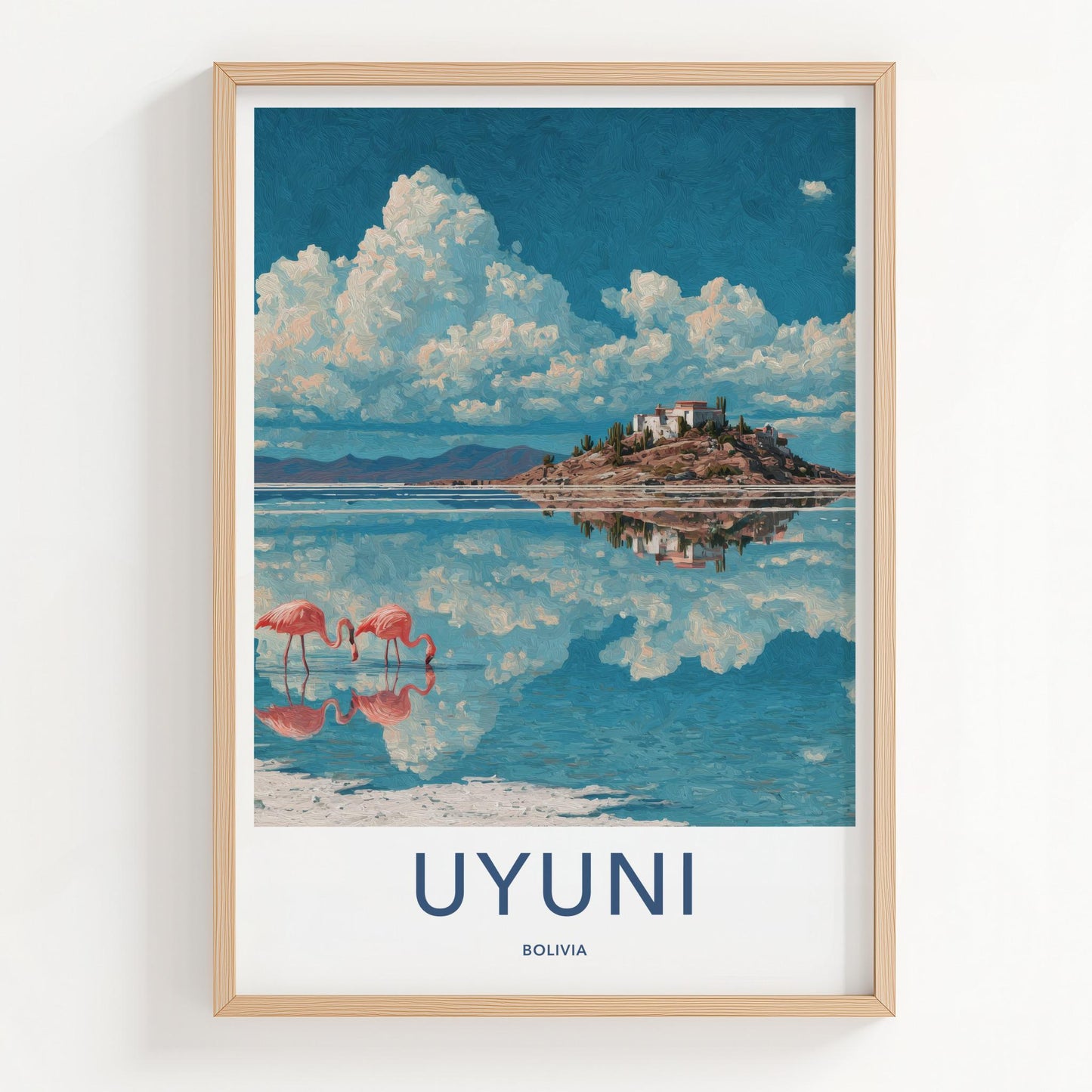 Uyuni Poster - Bolivia Travel Art - Pink Flamingos Island Wall Decor