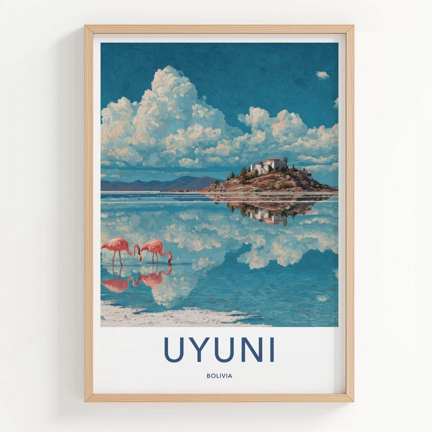 Uyuni Poster - Bolivia Travel Art - Pink Flamingos Island Wall Decor