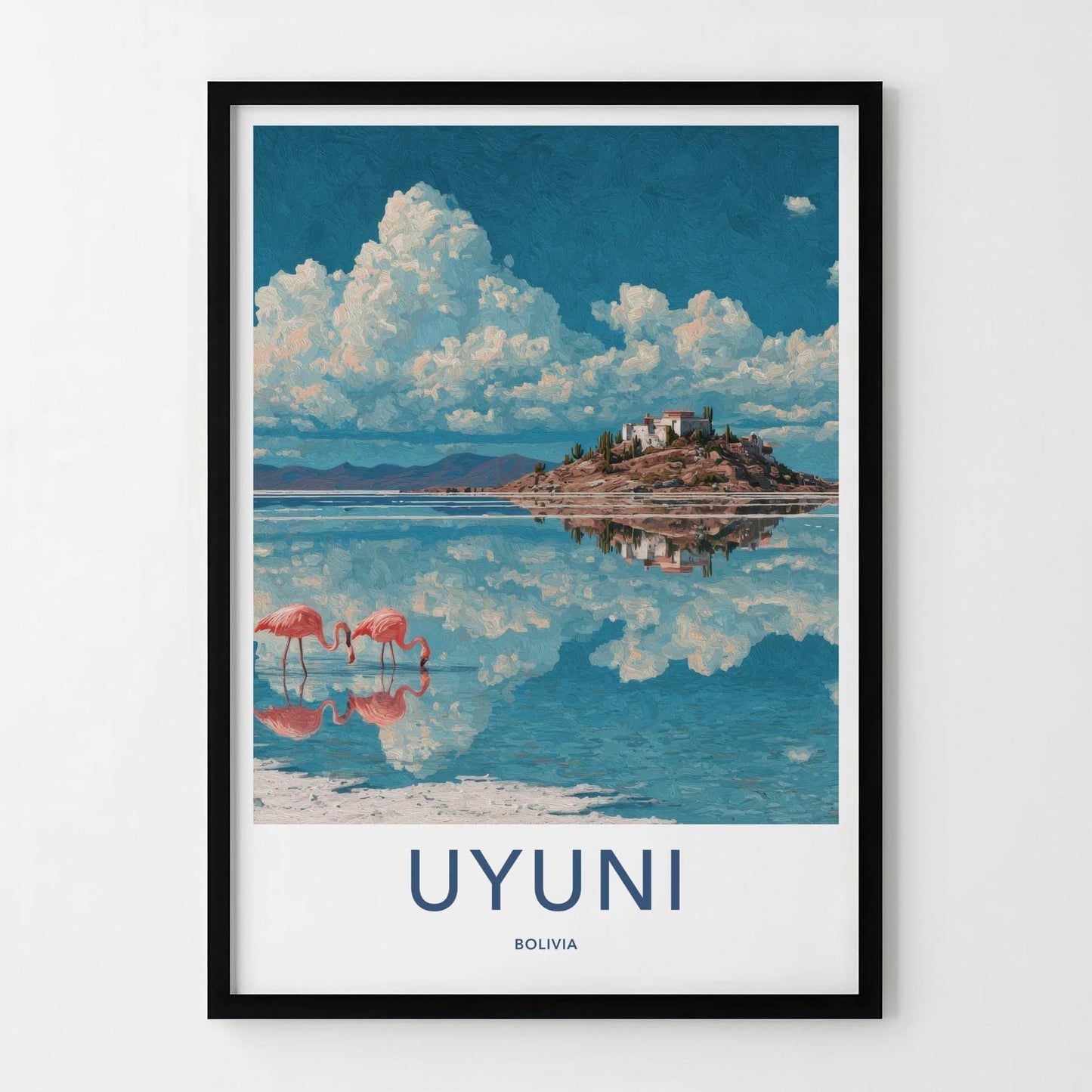Uyuni Poster - Bolivia Travel Art - Pink Flamingos Island Wall Decor