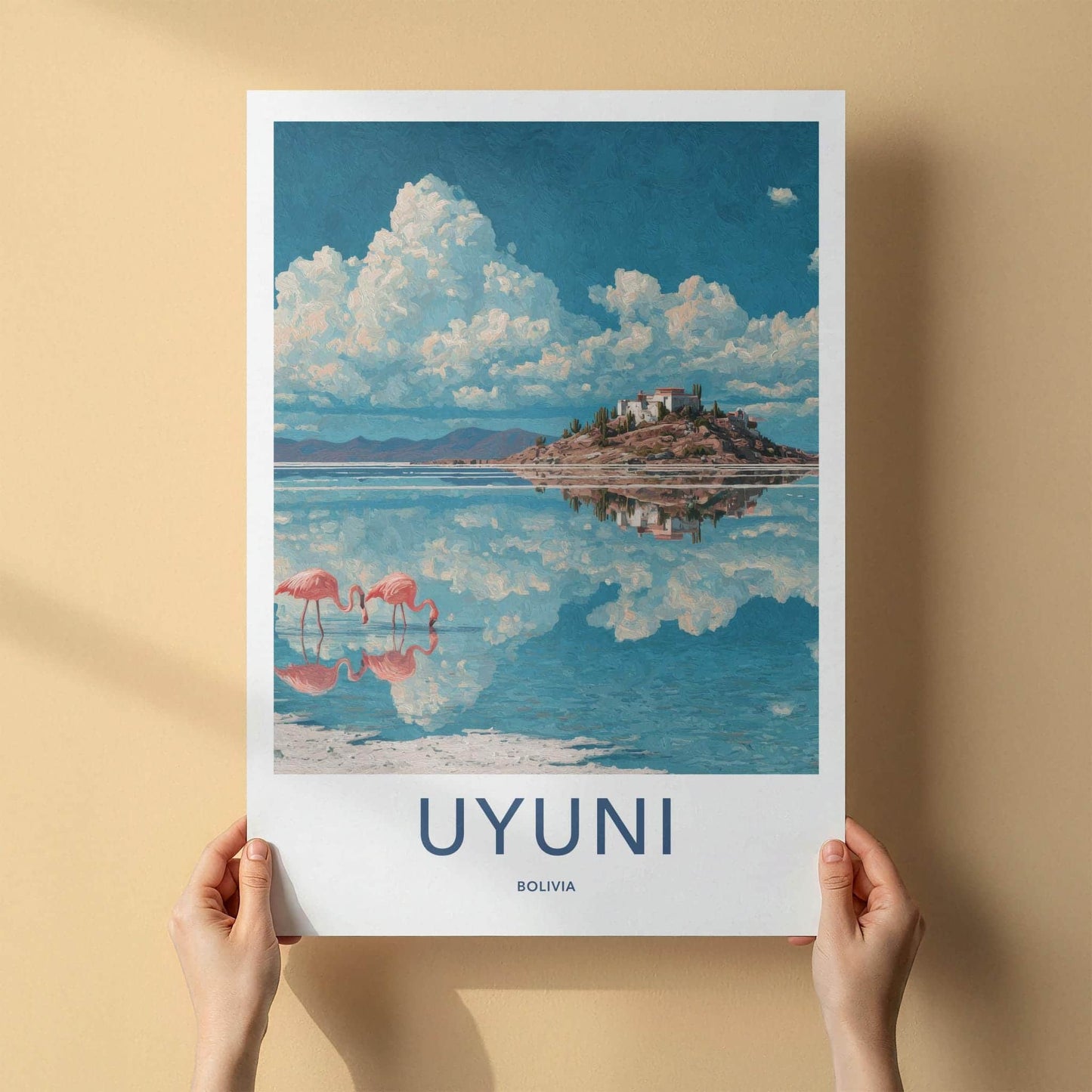 Uyuni Poster - Bolivia Travel Art - Pink Flamingos Island Wall Decor