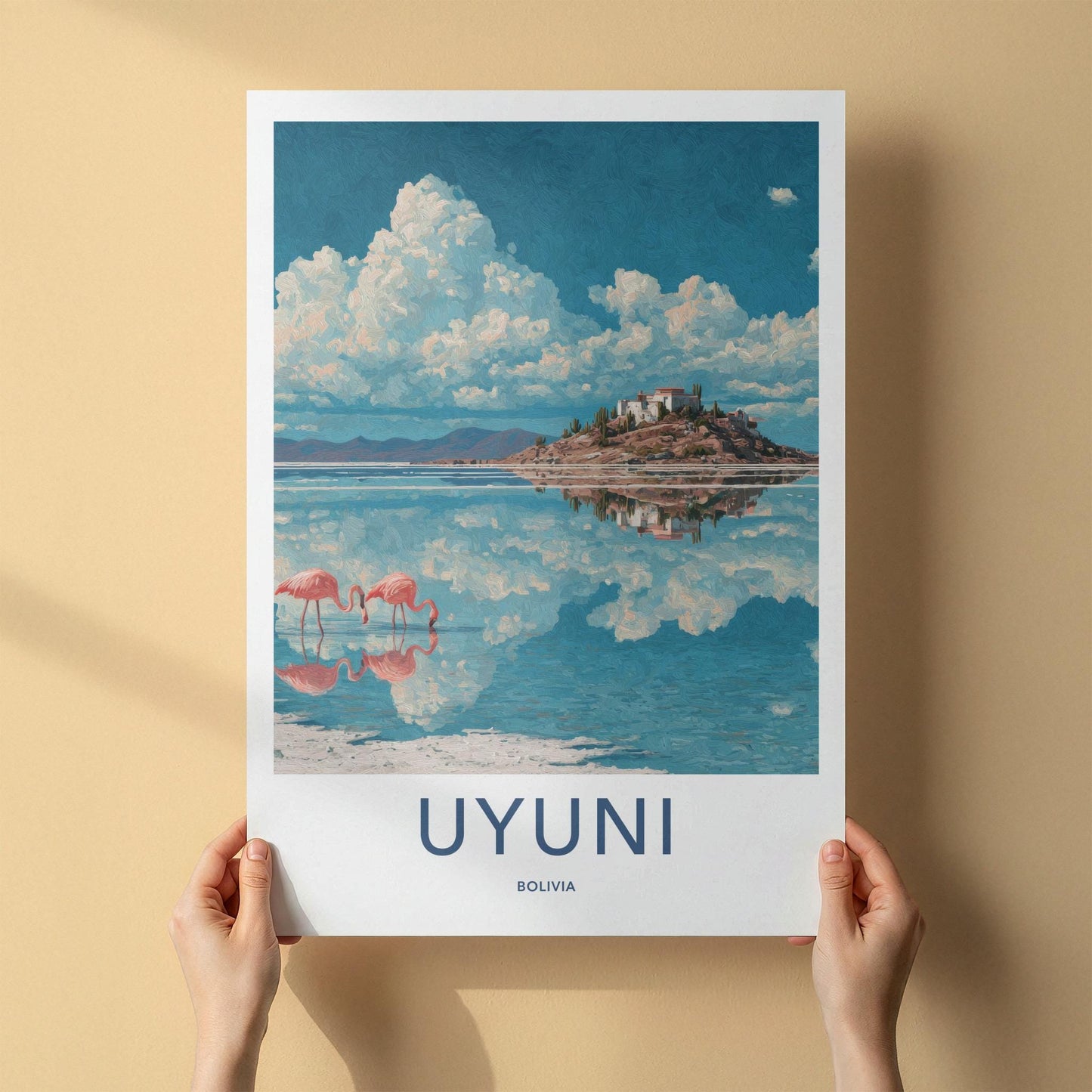 Uyuni Poster - Bolivia Travel Art - Pink Flamingos Island Wall Decor