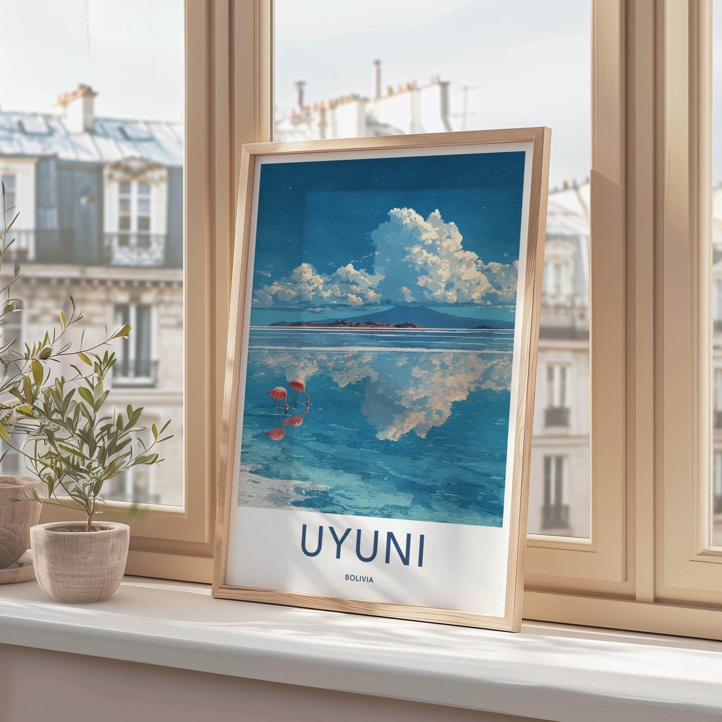 Uyuni Poster - Bolivia Travel Art - Pink Flamingos Reflection Home Decor