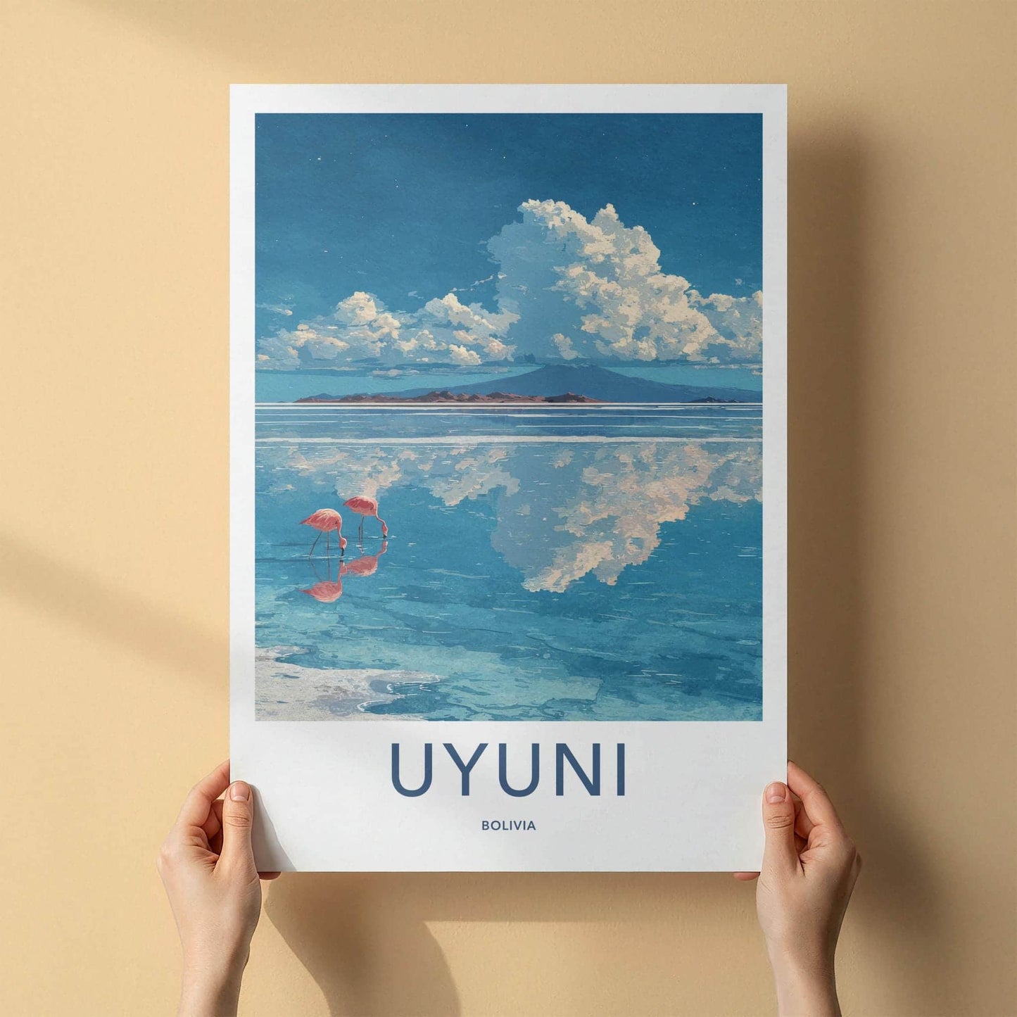 Uyuni Poster - Bolivia Travel Art - Pink Flamingos Reflection Home Decor