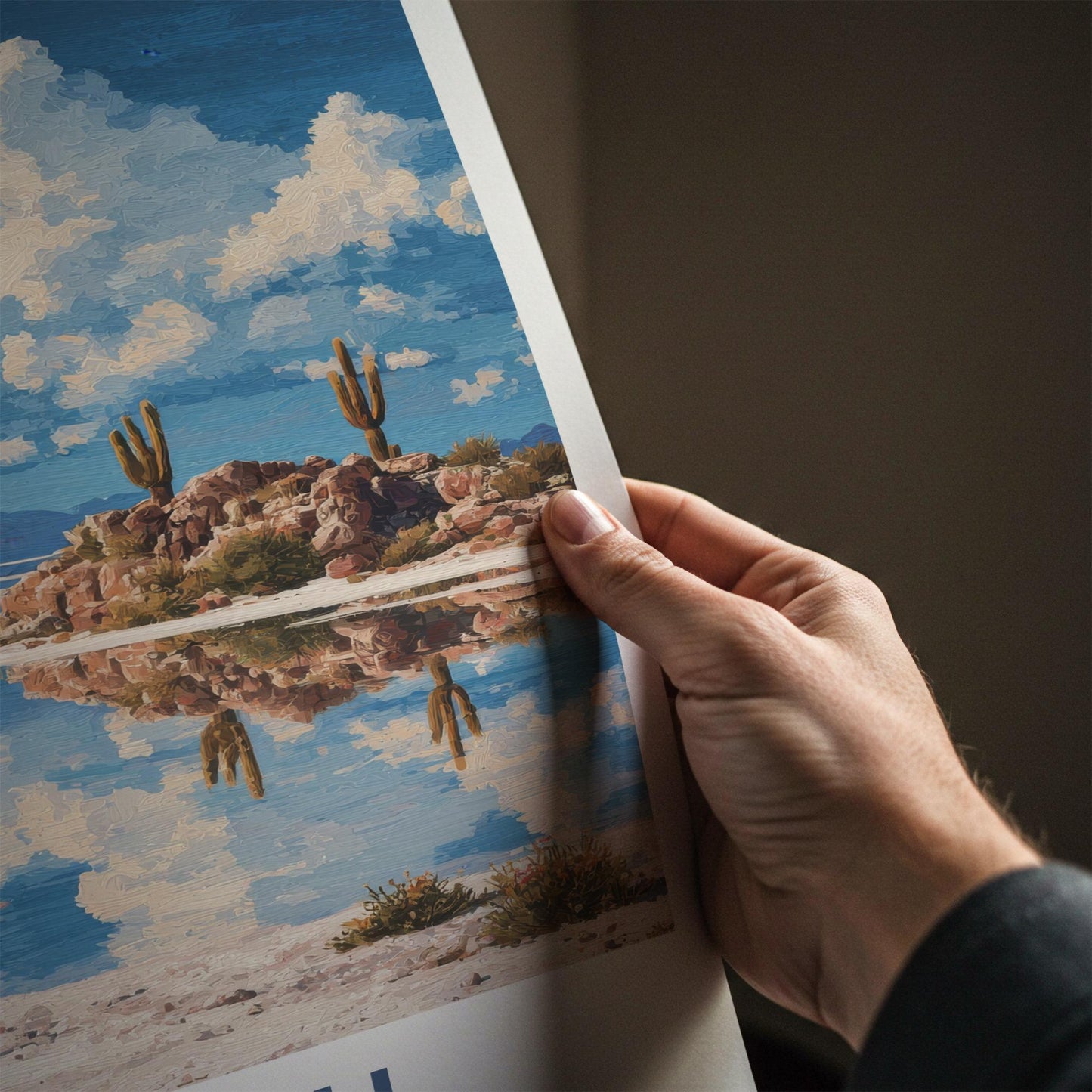 Uyuni Poster - Bolivia Travel Print - Flamingos Cacti Reflections Wall Decor