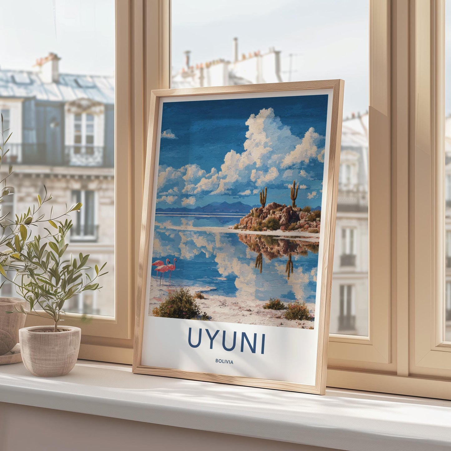 Uyuni Poster - Bolivia Travel Print - Flamingos Cacti Reflections Wall Decor