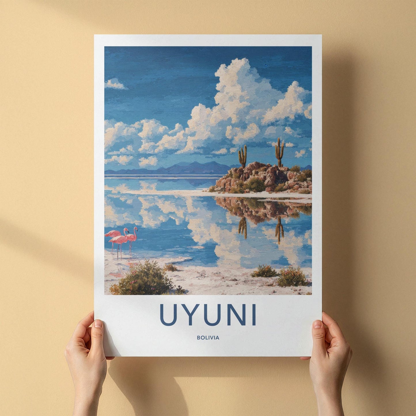 Uyuni Poster - Bolivia Travel Print - Flamingos Cacti Reflections Wall Decor