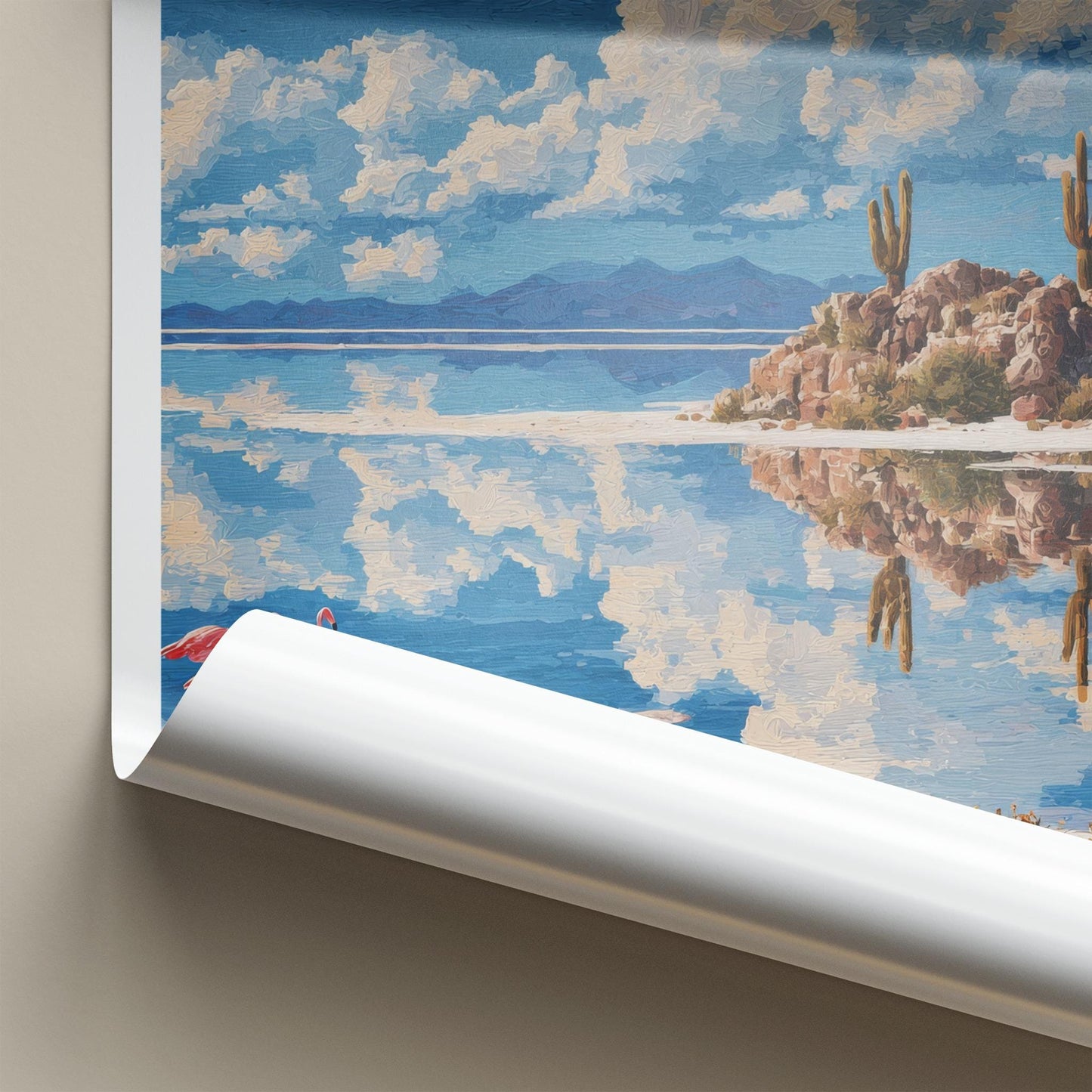 Uyuni Poster - Bolivia Travel Print - Flamingos Cacti Reflections Wall Decor