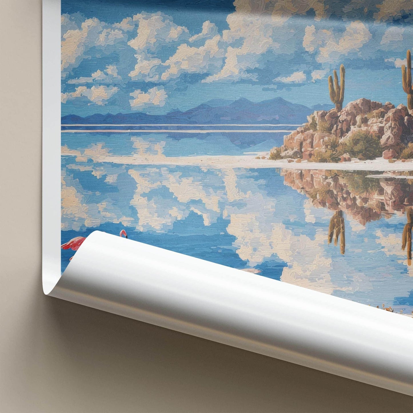 Uyuni Poster - Bolivia Travel Print - Flamingos Cacti Reflections Wall Decor
