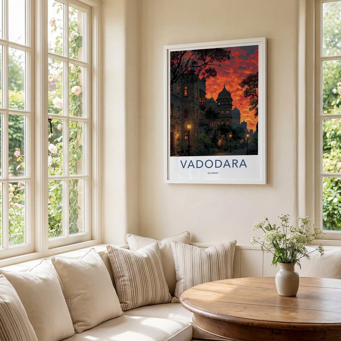 Vadodara Poster - India Travel Art - Gujarat Fiery Sunset Buildings Home Decor
