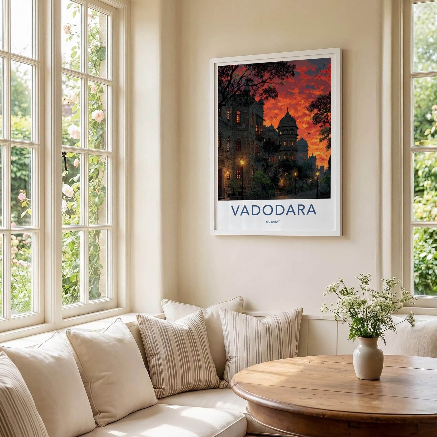 Vadodara Poster - India Travel Art - Gujarat Fiery Sunset Buildings Home Decor