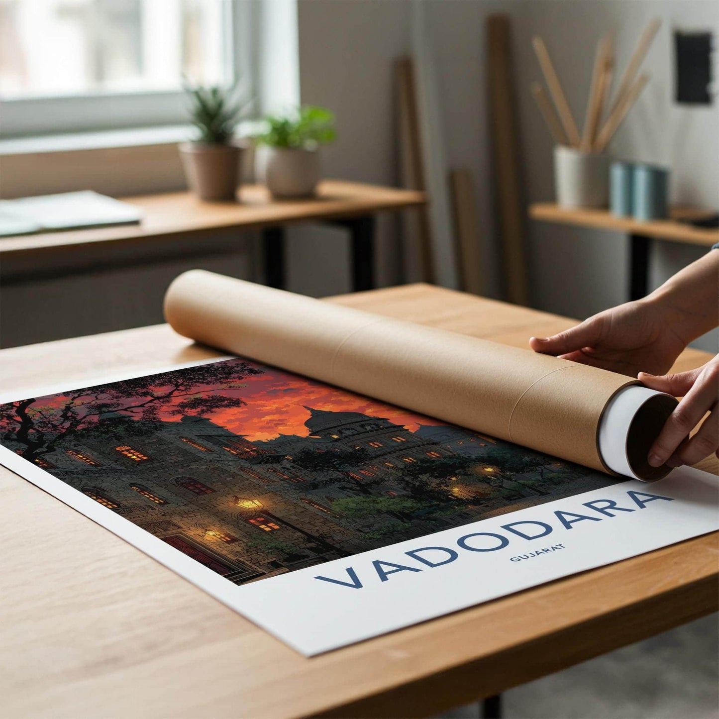 Vadodara Poster - India Travel Art - Gujarat Fiery Sunset Buildings Home Decor