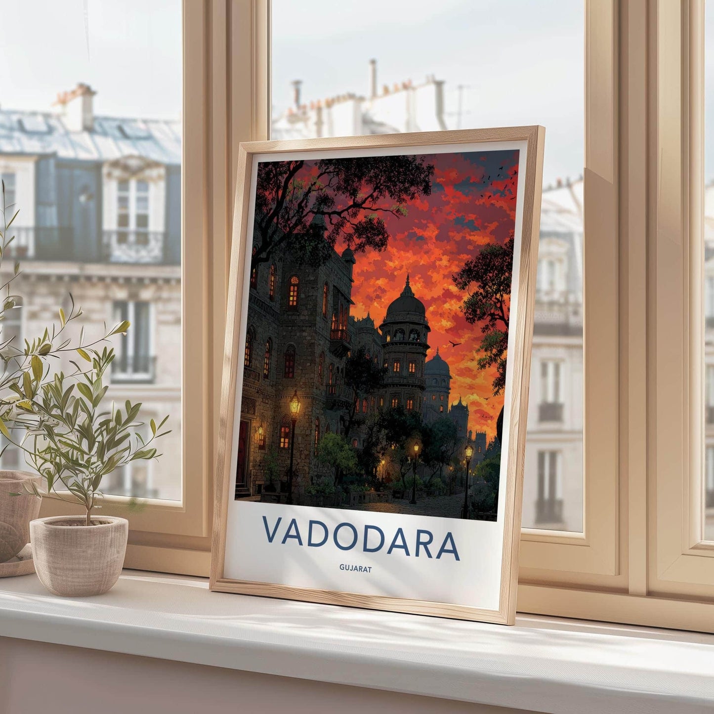 Vadodara Poster - India Travel Art - Gujarat Fiery Sunset Buildings Home Decor