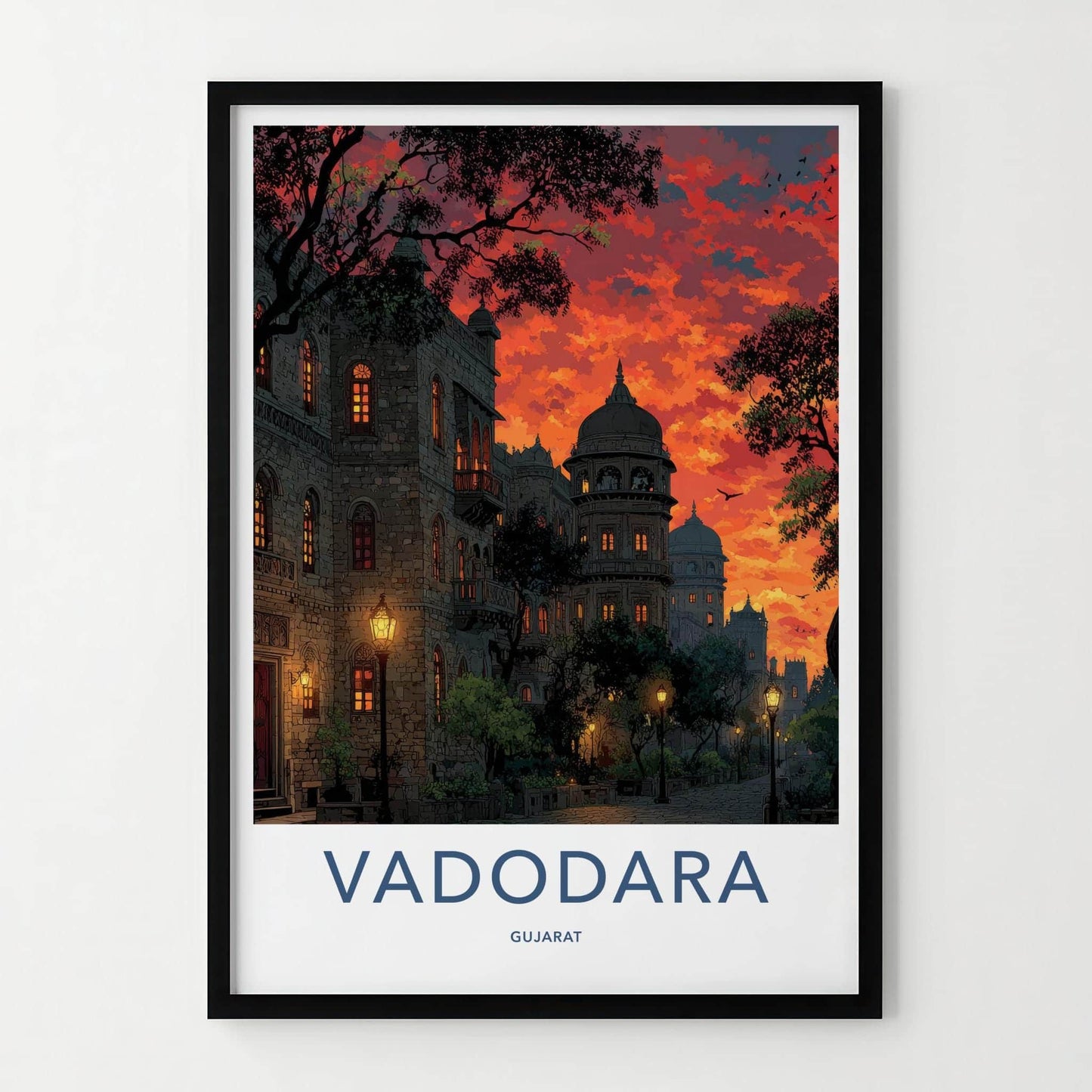 Vadodara Poster - India Travel Art - Gujarat Fiery Sunset Buildings Home Decor