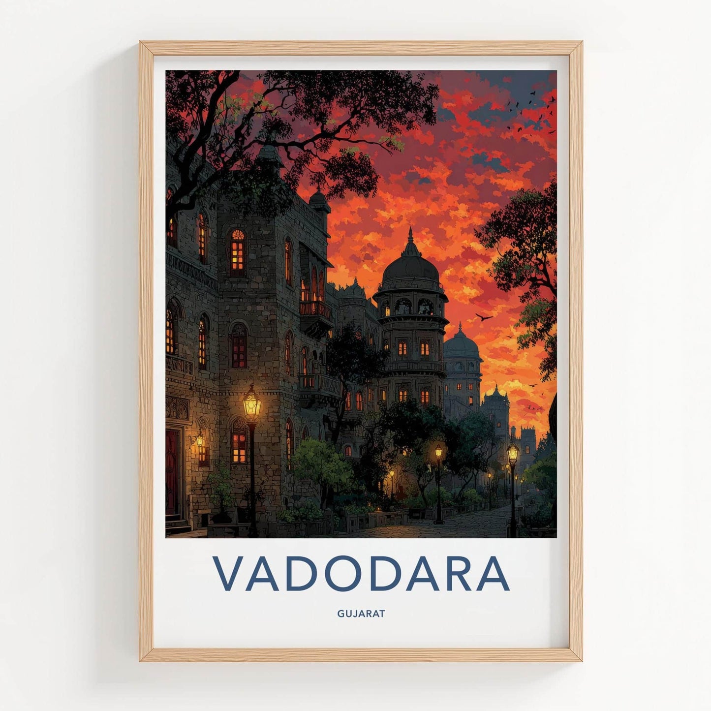 Vadodara Poster - India Travel Art - Gujarat Fiery Sunset Buildings Home Decor