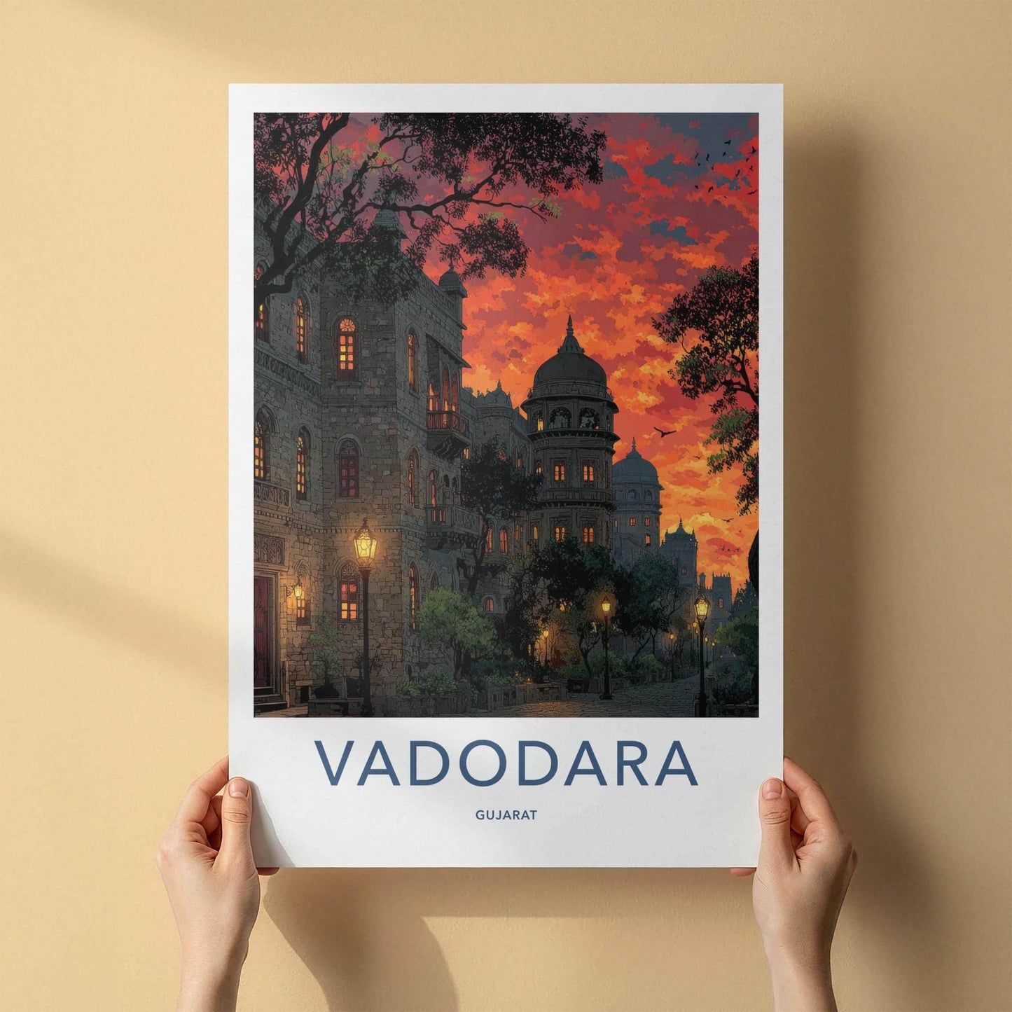 Vadodara Poster - India Travel Art - Gujarat Fiery Sunset Buildings Home Decor