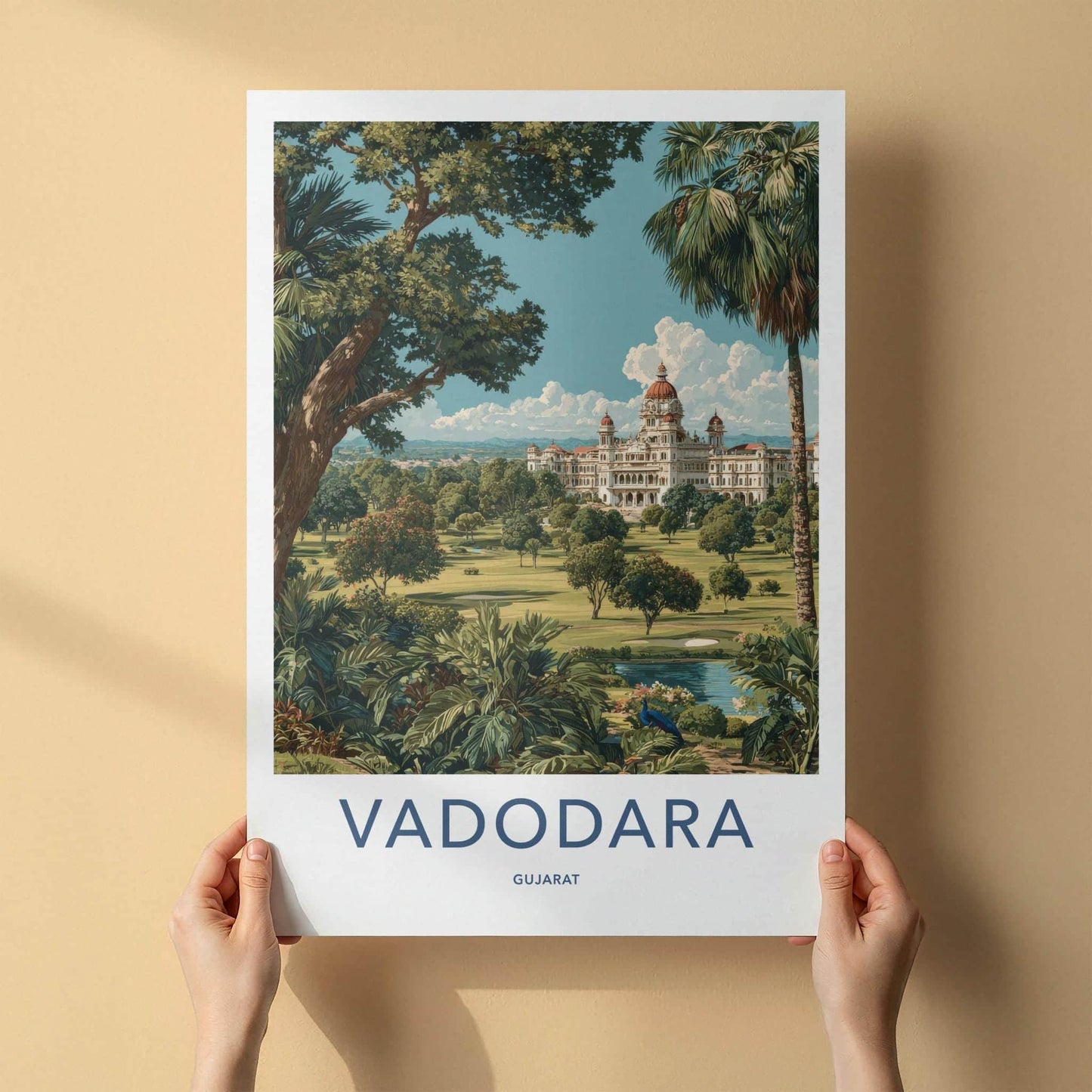 Vadodara Poster - India Travel Art - Gujarat Grand Palace Grounds Home Decor