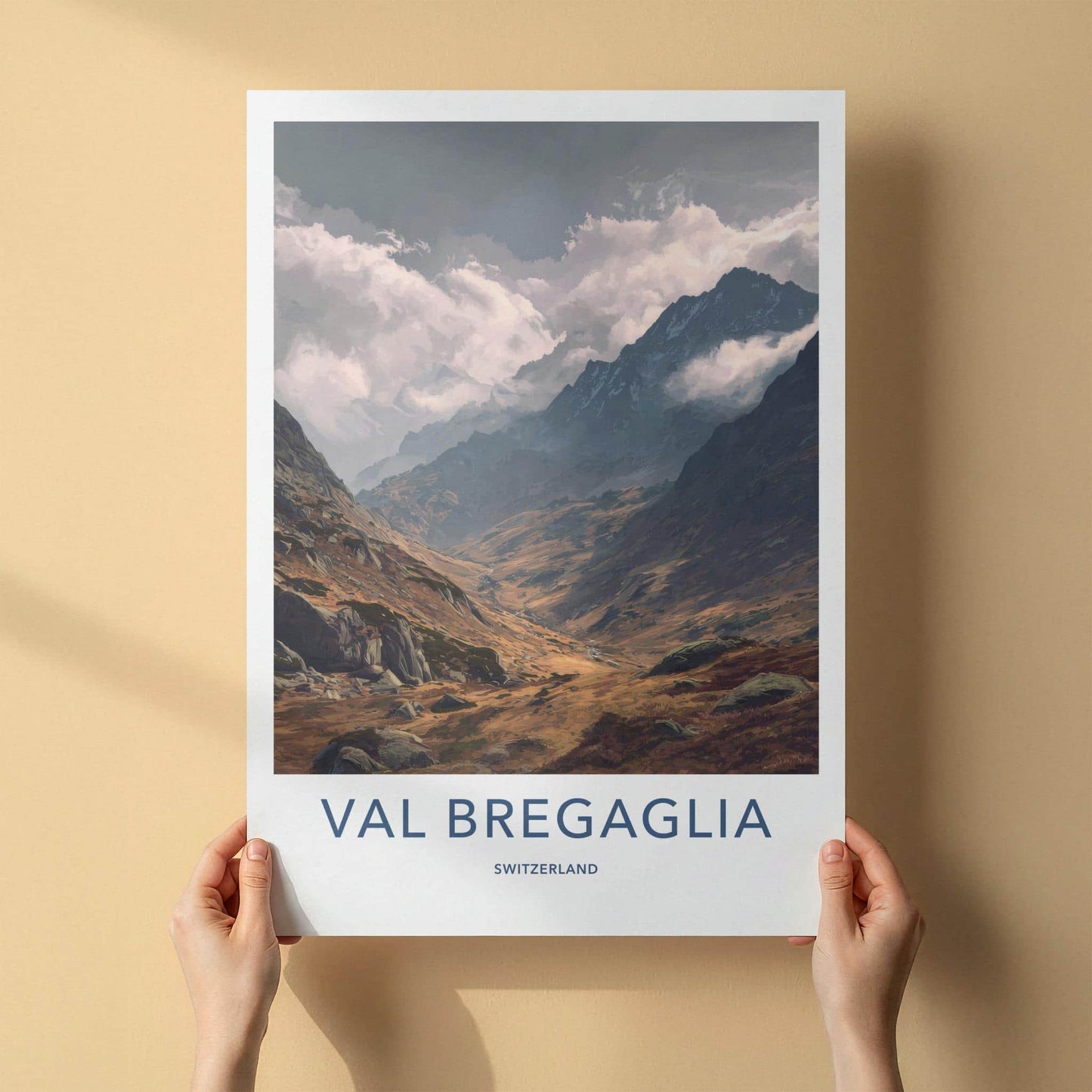 Val Bregaglia Poster - Switzerland Travel Art - Cloudy Mountain Valley Home Decor