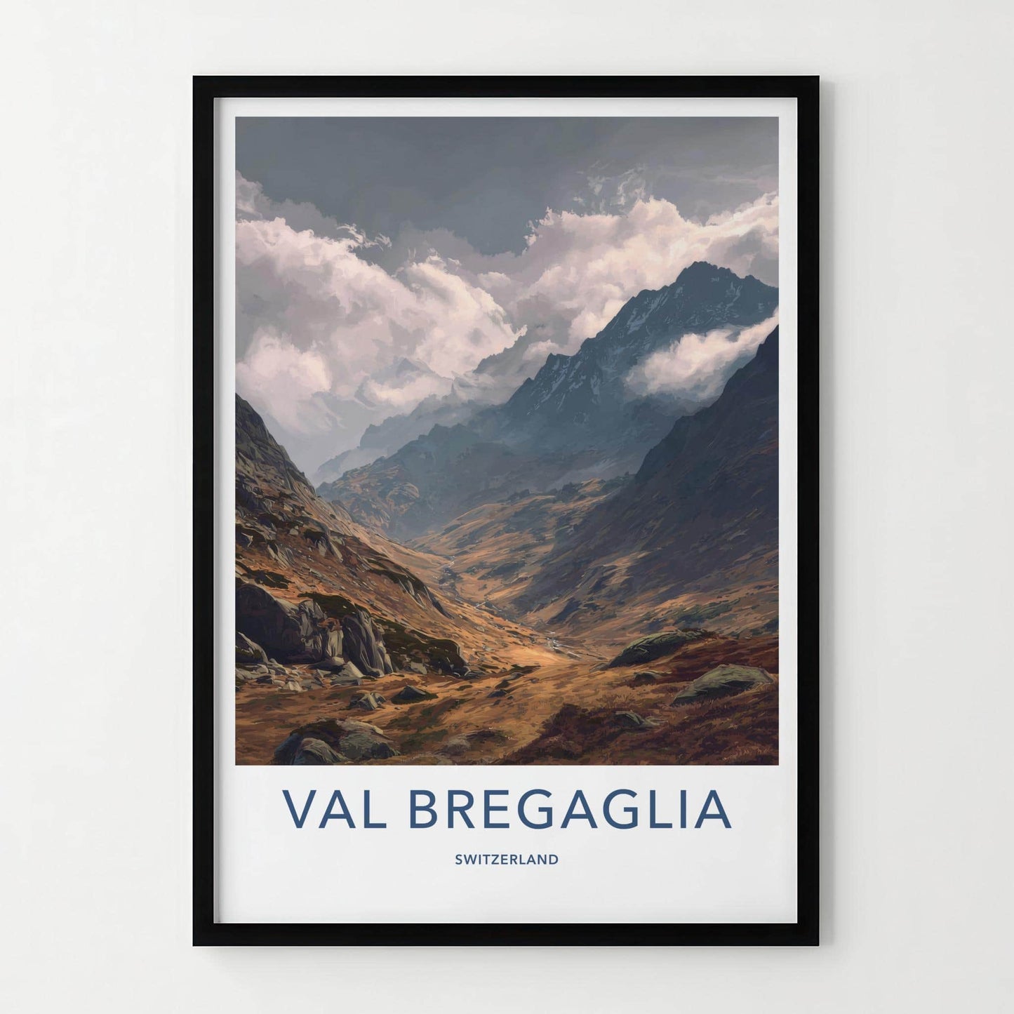 Val Bregaglia Poster - Switzerland Travel Art - Cloudy Mountain Valley Home Decor