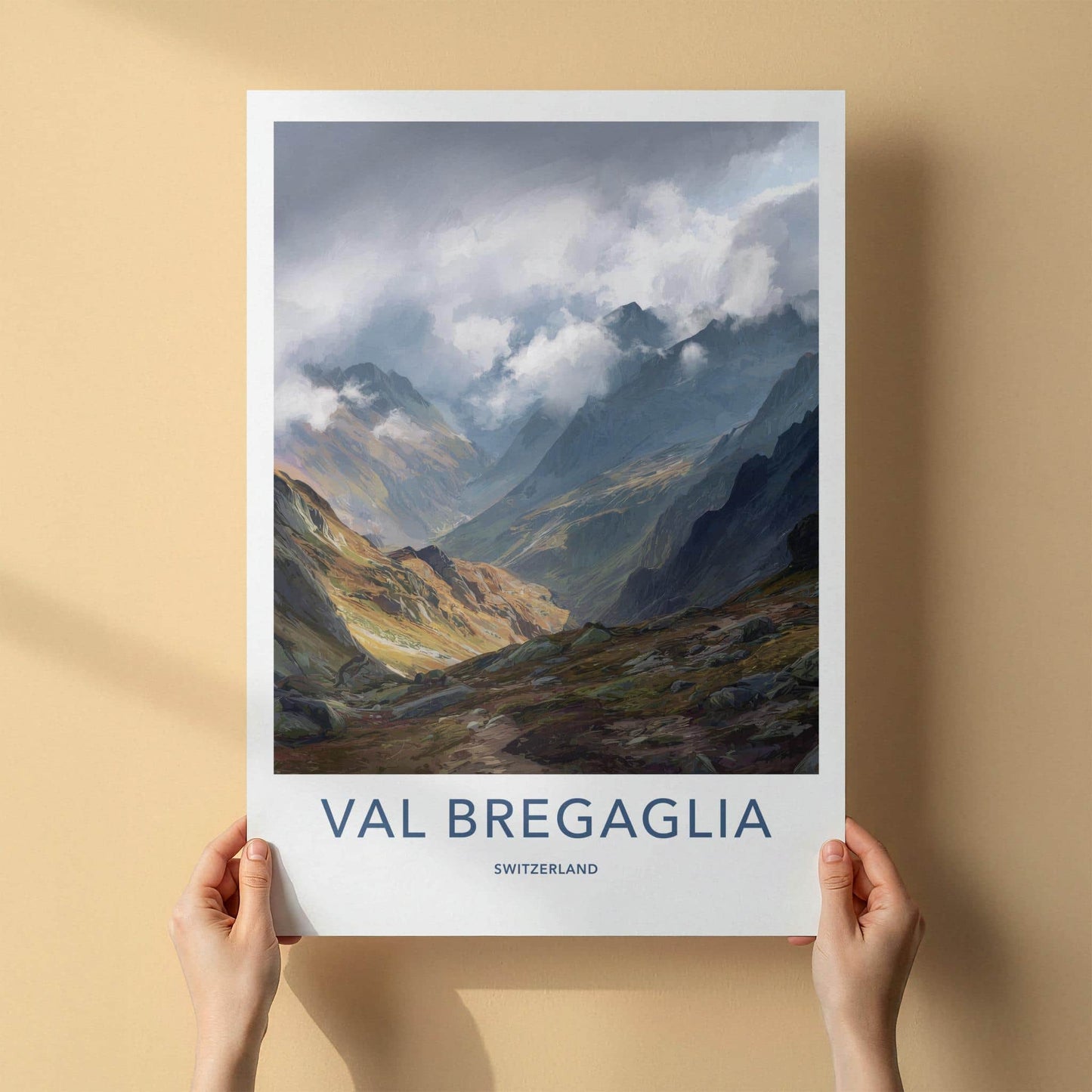 Val Bregaglia Poster - Switzerland Travel Art - Cloudy Mountain Valley Home Decor