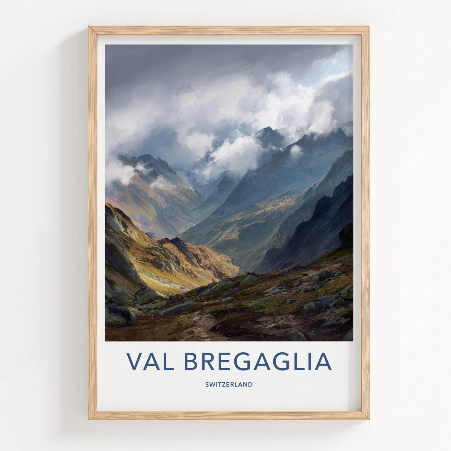 Val Bregaglia Poster - Switzerland Travel Art - Cloudy Mountain Valley Home Decor