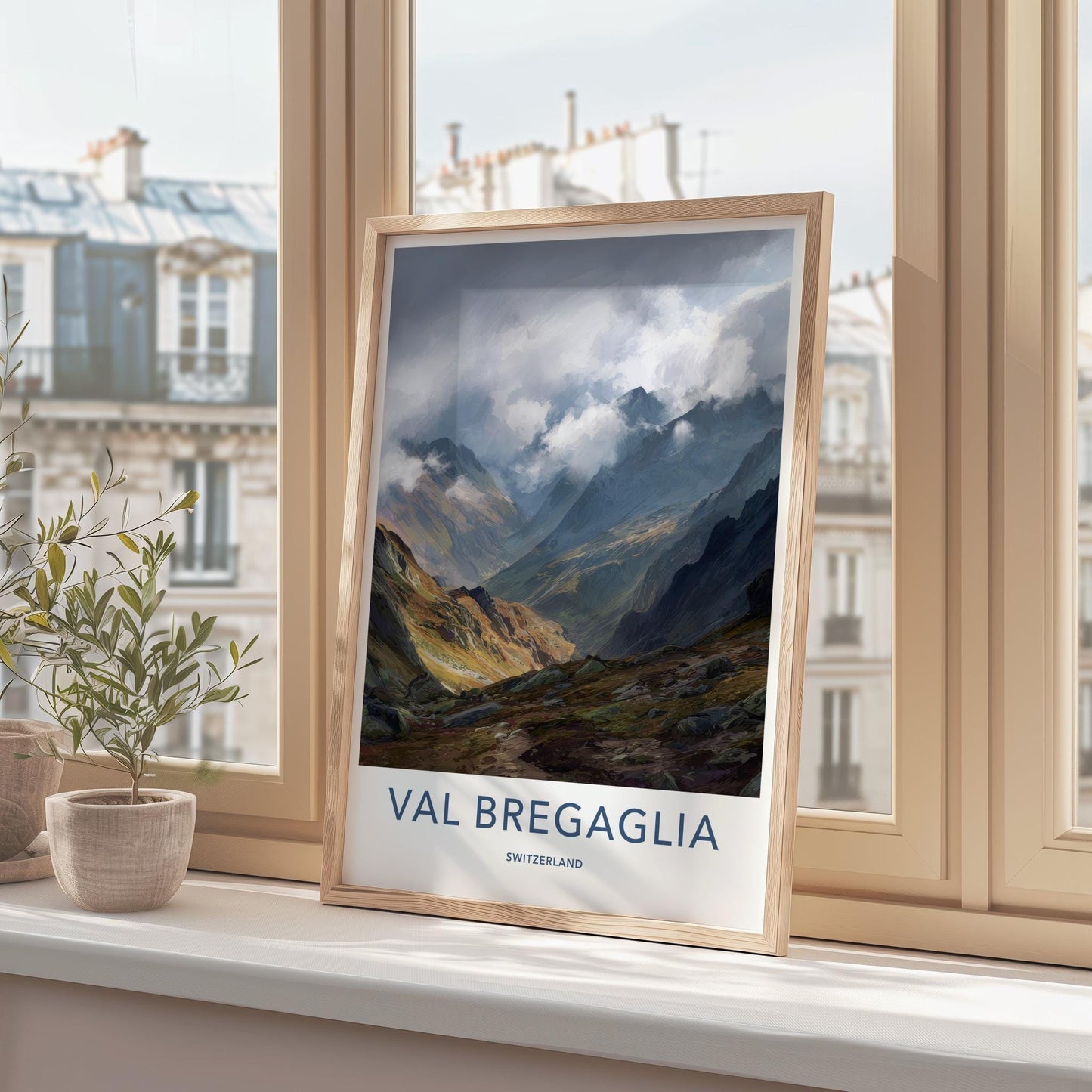 Val Bregaglia Poster - Switzerland Travel Art - Cloudy Mountain Valley Home Decor