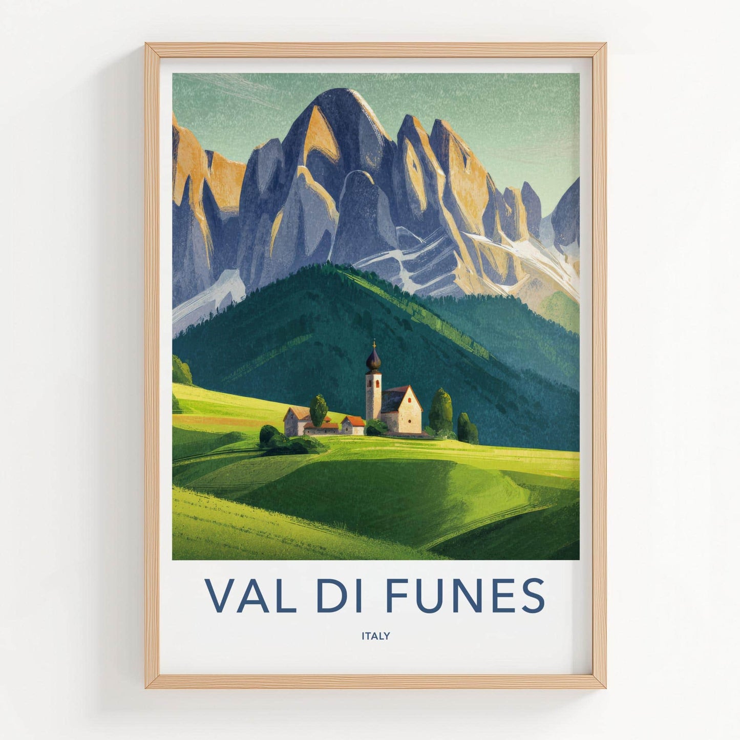 Val Di Funes Poster - Italy Travel Art - Alpine Village Church Home Decor