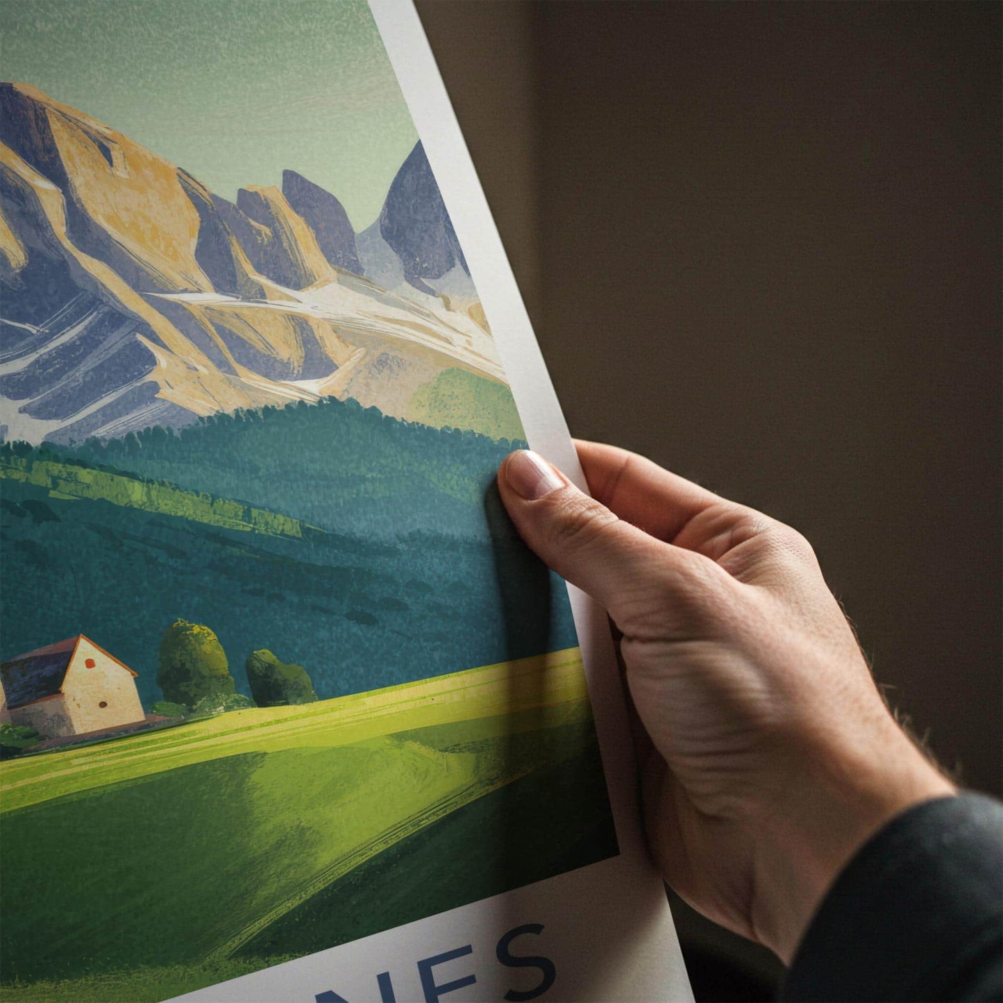 Val Di Funes Poster - Italy Travel Art - Alpine Village Church Home Decor