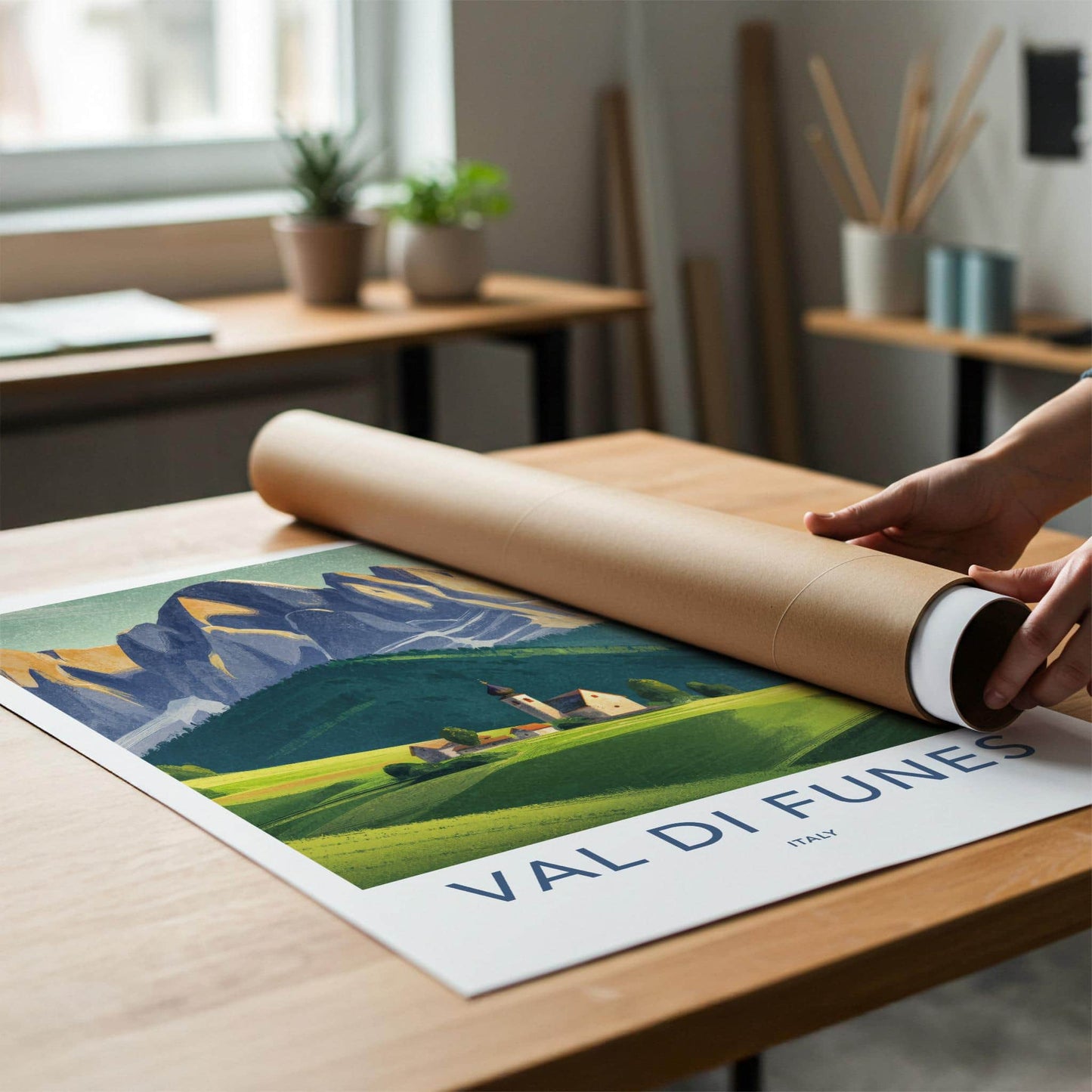 Val Di Funes Poster - Italy Travel Art - Alpine Village Church Home Decor