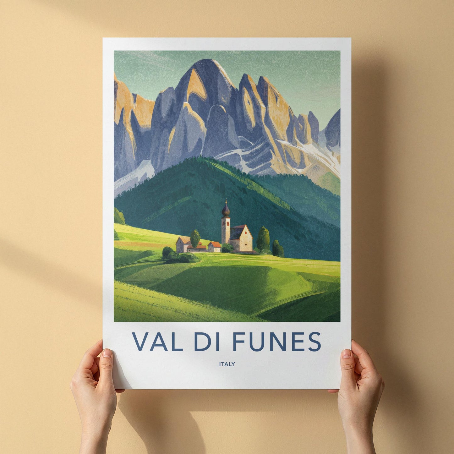 Val Di Funes Poster - Italy Travel Art - Alpine Village Church Home Decor