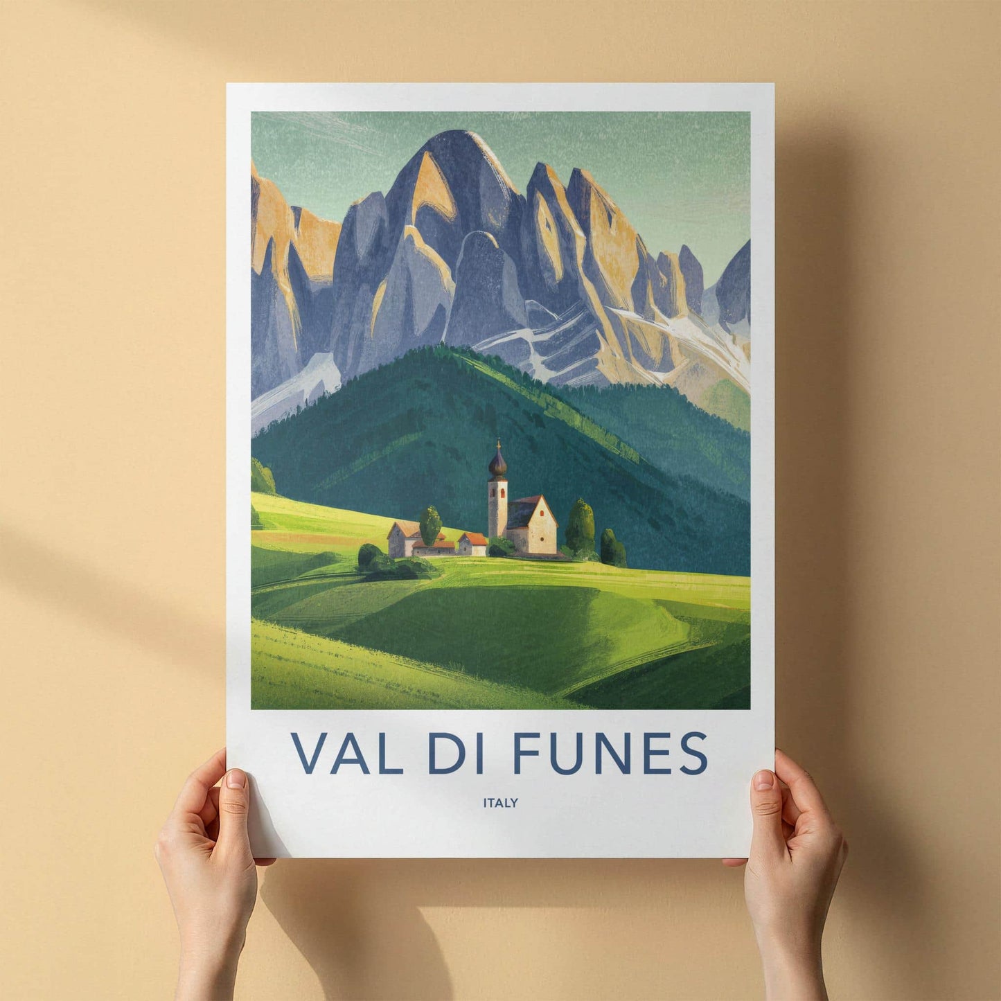 Val Di Funes Poster - Italy Travel Art - Alpine Village Church Home Decor